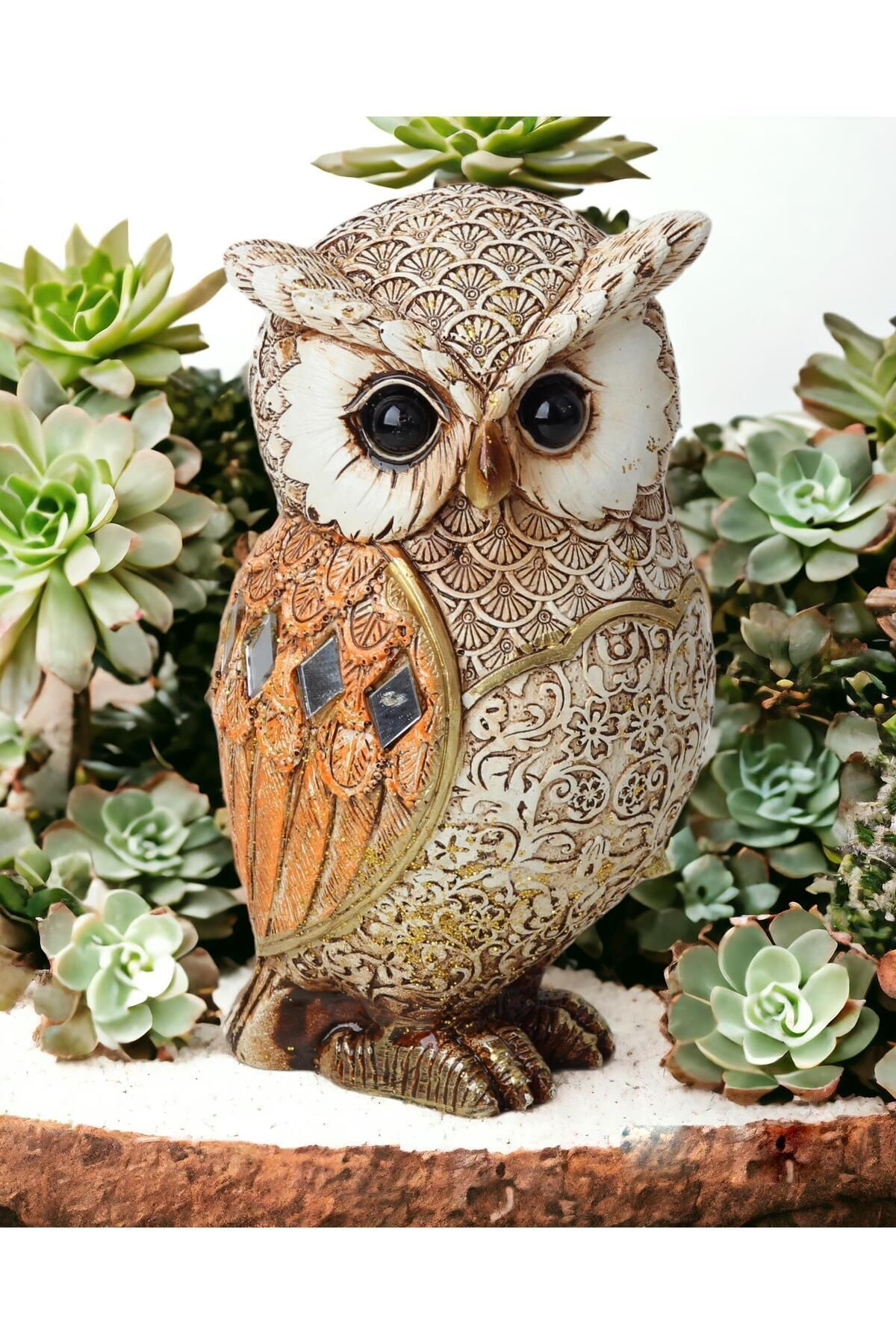 SerenityHaven Lüks Aynalı & Işlemeli Baykuş Biblo Heykel Hediyelik Konsol Vitrin Masa Süsü Ofis Ev Hediyesi 20 Cm