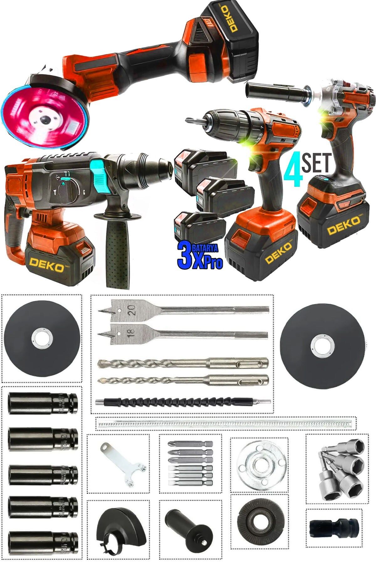 DEKO TURKEY RedPro 4IN1 Akülü 4'lü Set – Taşlama + Hilti + Matkap + Somun Sıkma (3.0Ah x3 Akülü 10 Pilli)