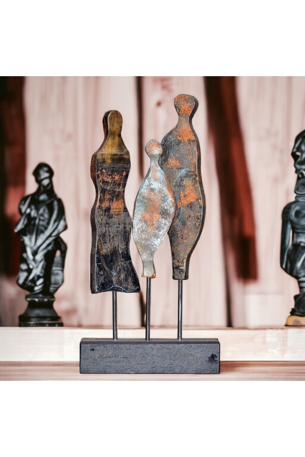 SerenityHaven Ahşap aile figürlü biblo, El sanatı konsol üstü dekoratif obje.
