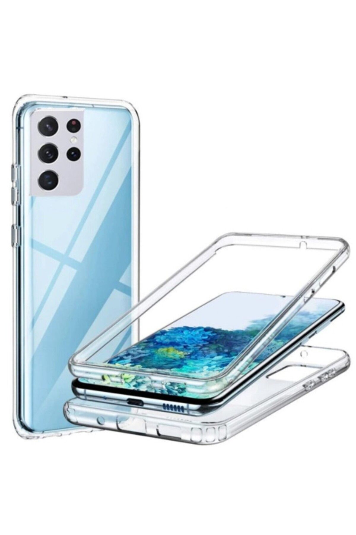TezMax Samsung Galaxy S21 Ultra Snapdragon SM-G998U Uyumlu 360° Ön Arka Şeffaf Silikon Full Body Kılıf