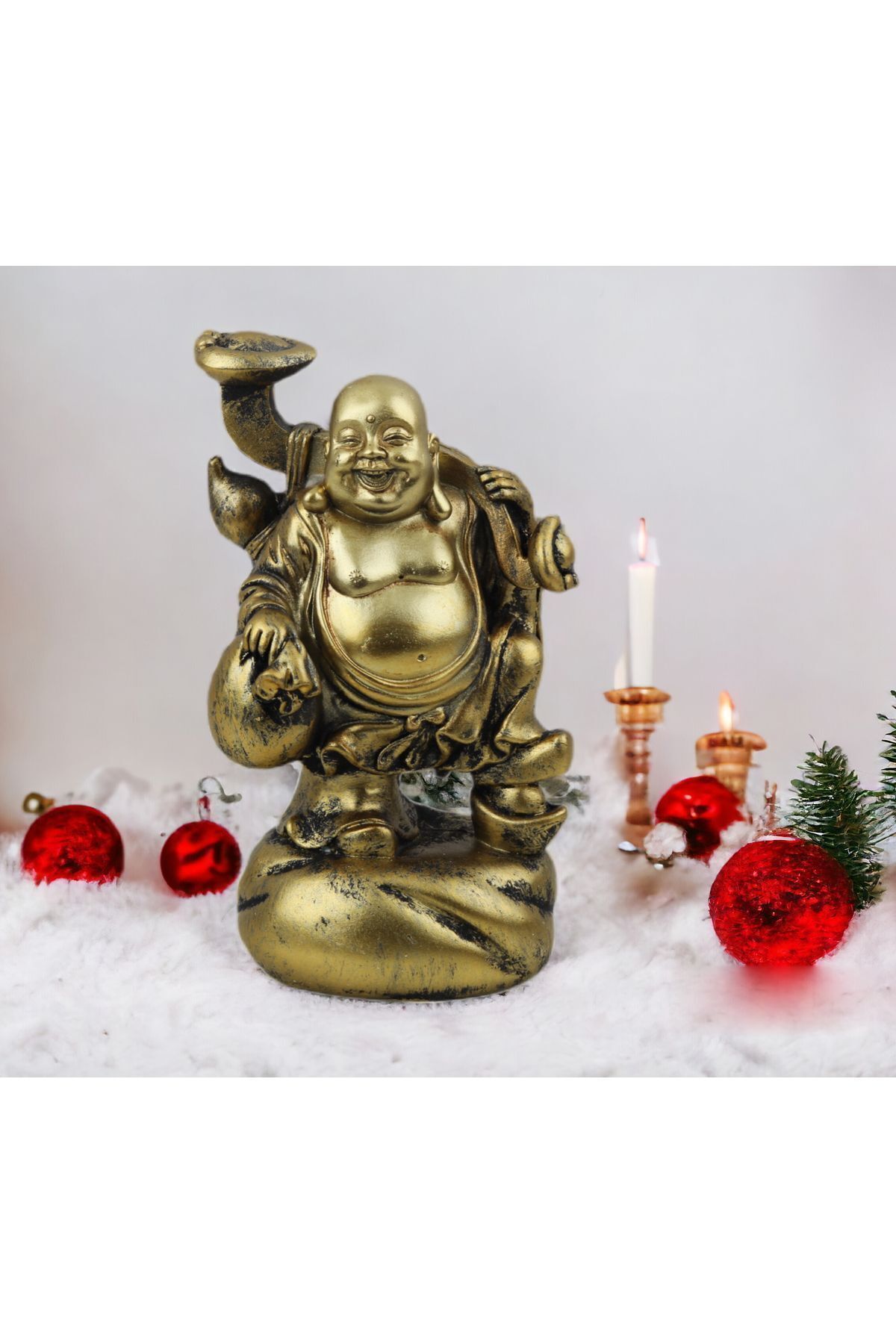 SerenityHaven Lüks Motifli İşlemeli Gold Buda Biblo Heykel Vitrin Masa Süsü Ofis Ev & Yılbaşı Hediyesi 20 cm. A