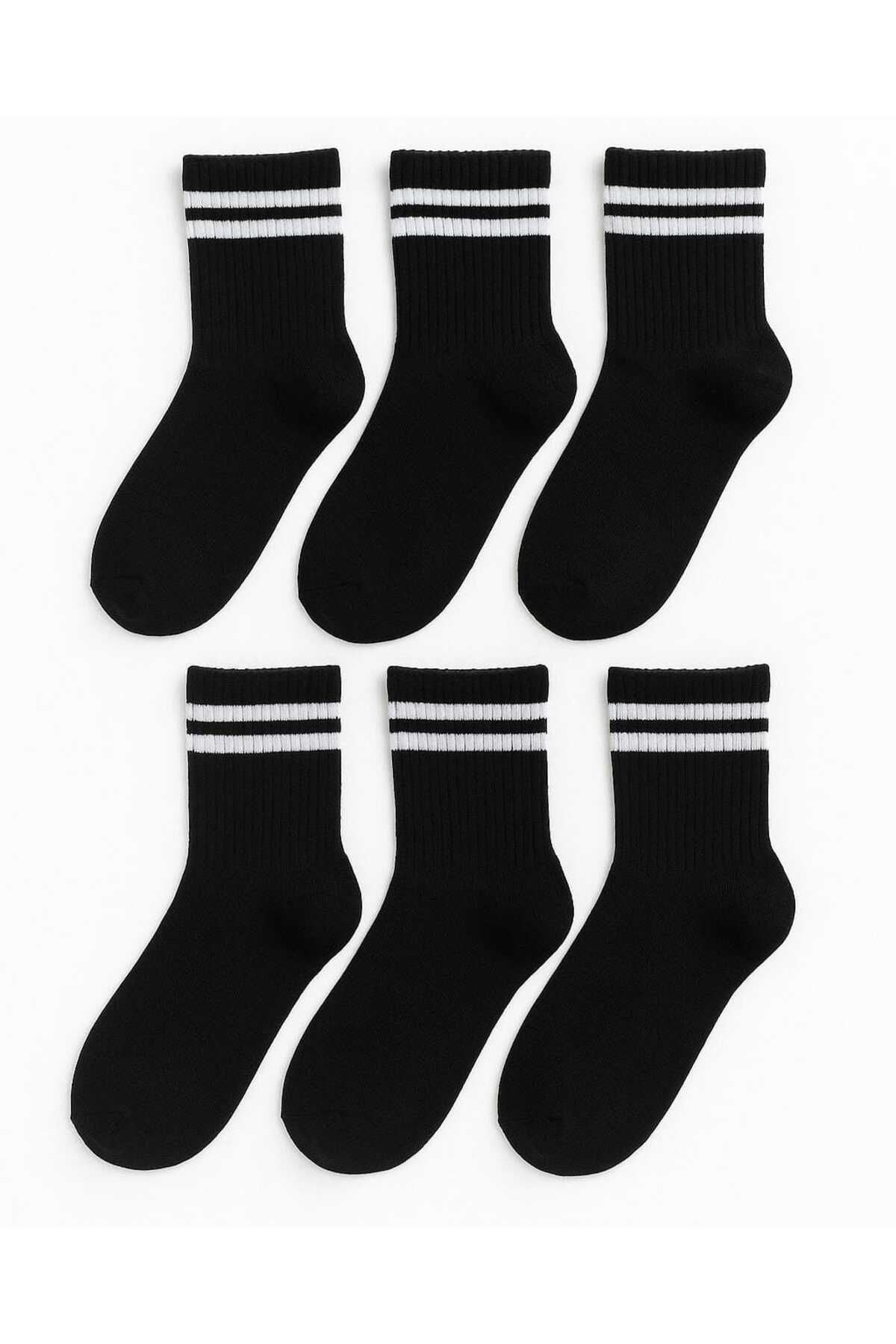 TOKKCOMPANY 6'lı Siyah Üzeri Beyaz Çizgili Tenis Çorap