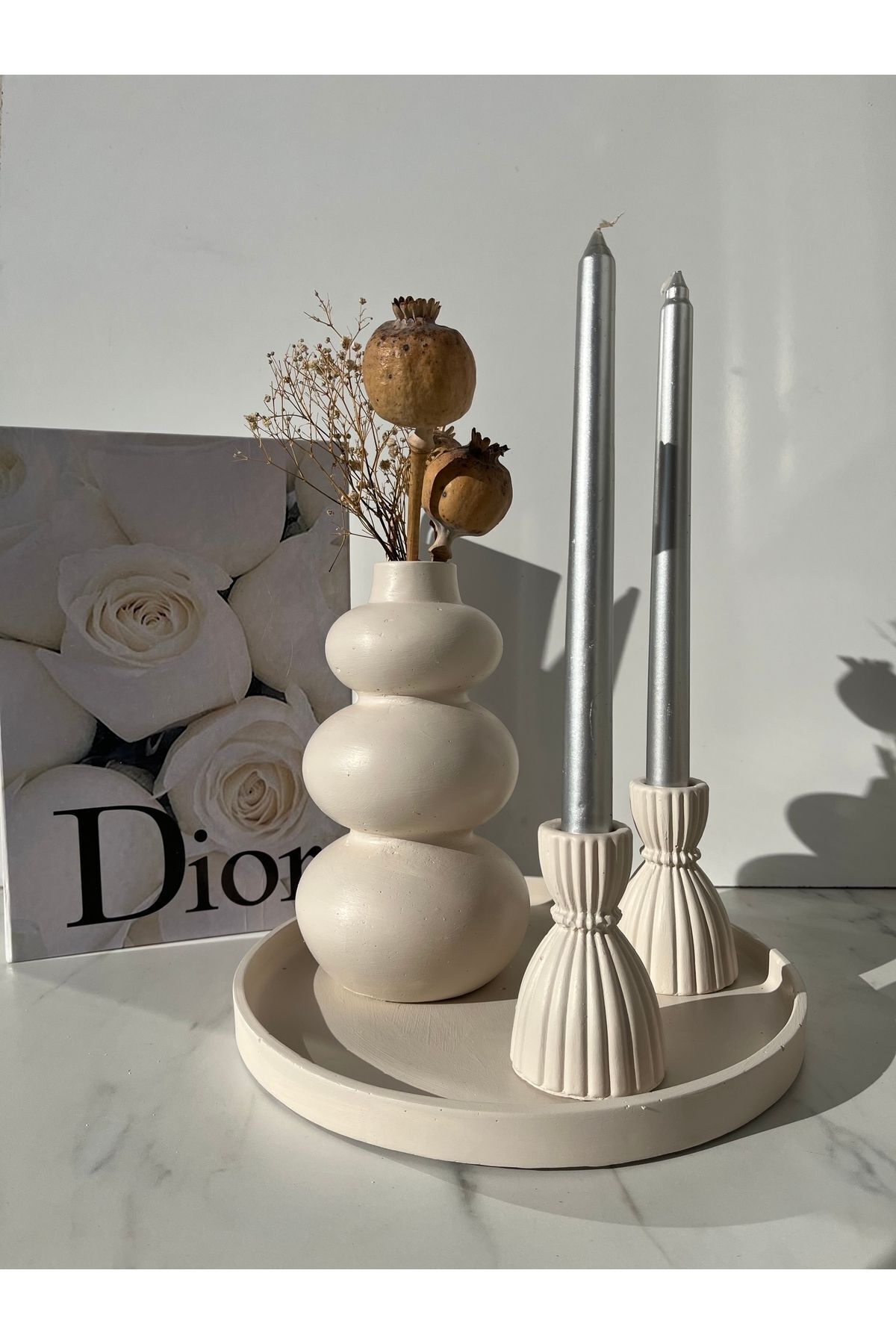 SerenityHaven ELA-HOME dekoratif bombeli vazo, 2’li şamdanlı dekoratif tepsili set