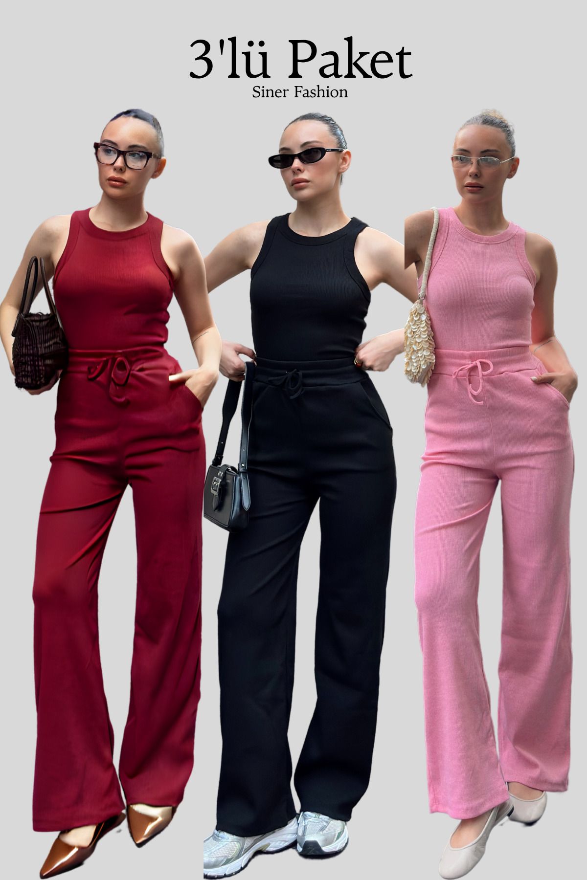 Siner Fashion Kadın 3'lü Halter Yaka Atlet Yüksek Bel Pantolon Alt Üst Takım