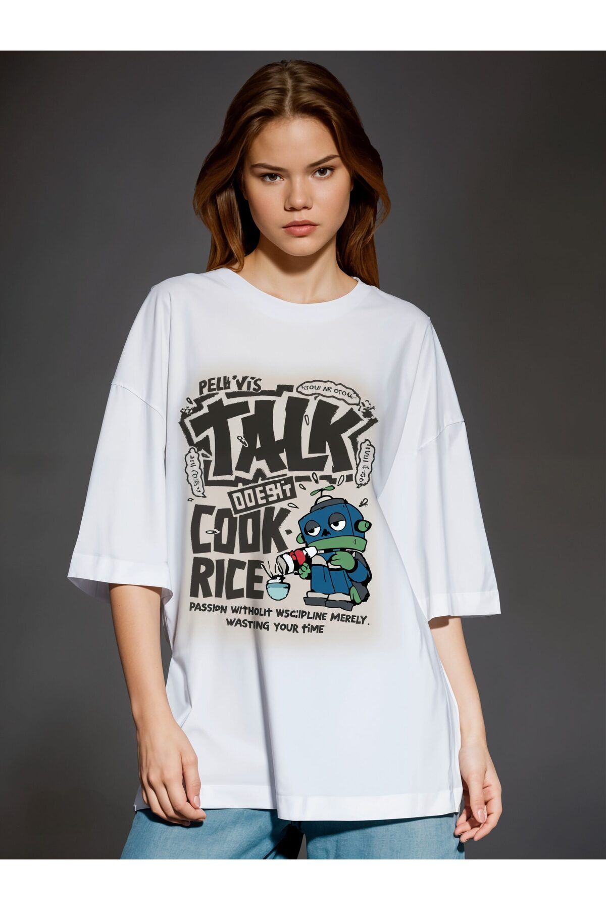 ELNOYA Unisex Pamuklu Beyaz Oversize "Talk Cook Rice" Baskılı Bisiklet Yaka Rahat Günlük T-shirt