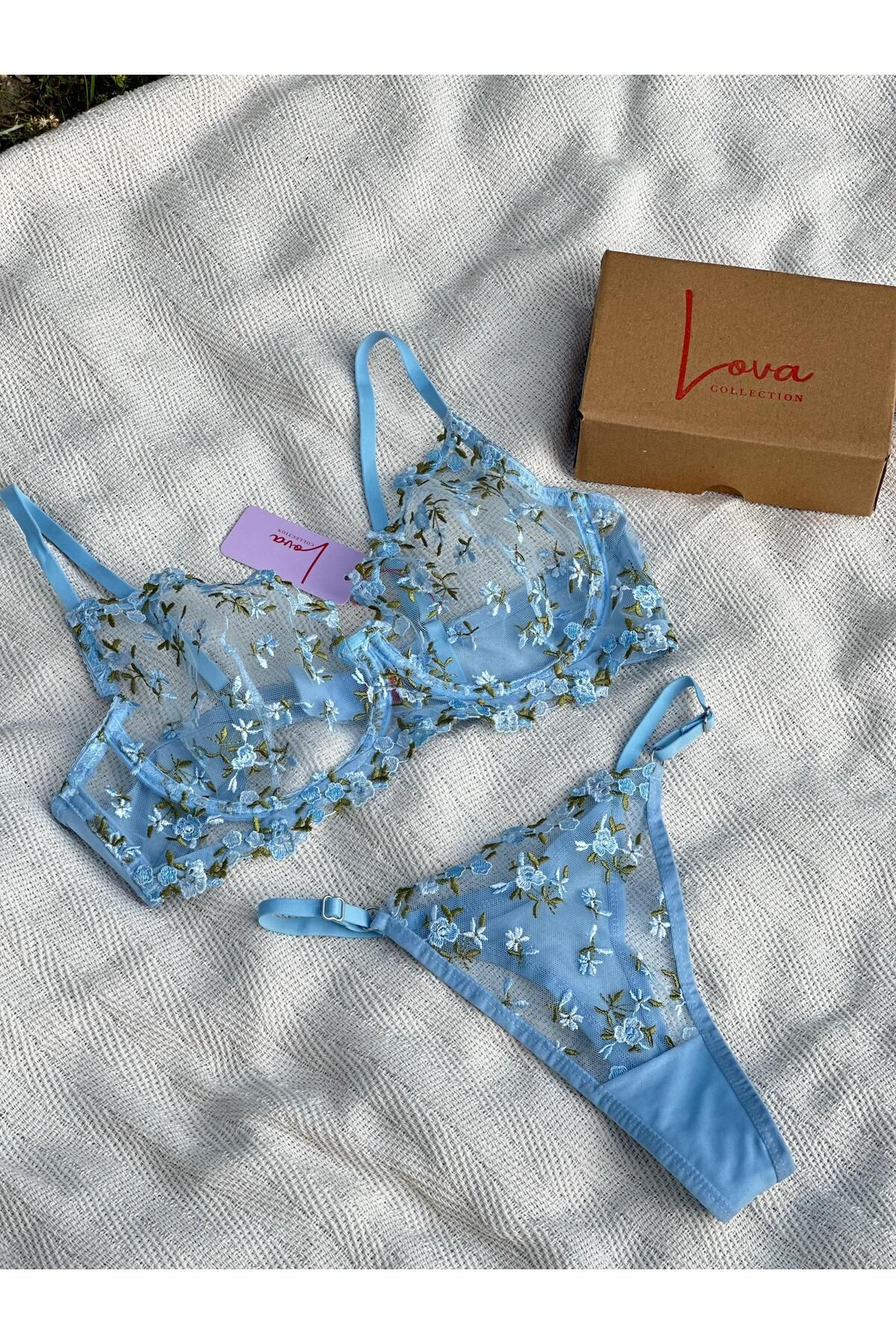 Lova Collection Esme Mavi Çiçekli Dantel Bralet Takım