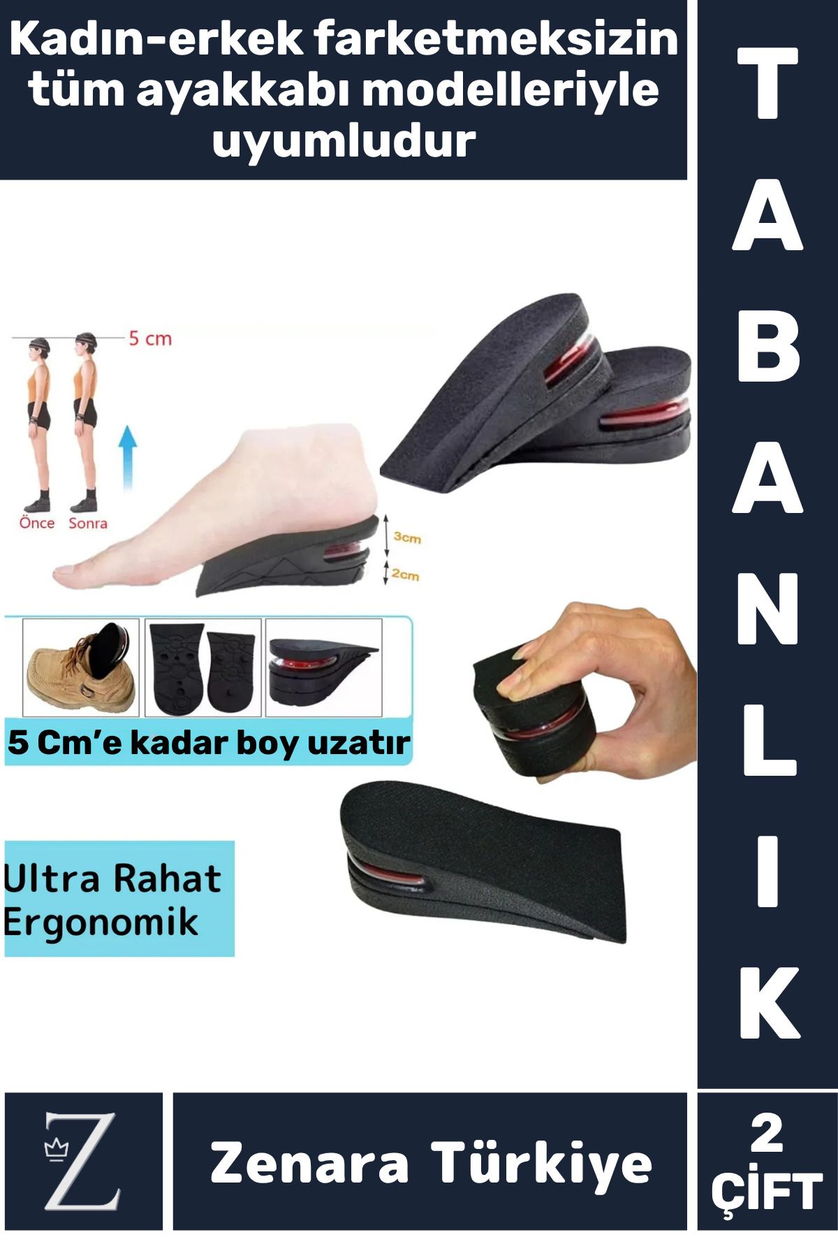 Zenara Ortopedik Ultra Rahat Tüm Ayakkabılara Uyumlu Kaymaz Topuk Anında 5 Cm Boy Uzatan Tabanlık 2 Çift