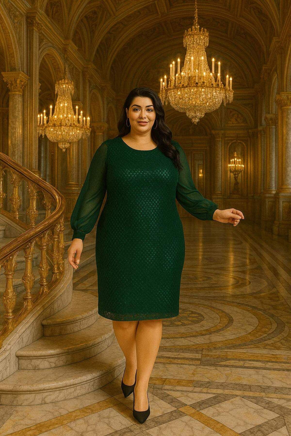 angelino butik Büyük Beden Mini Payet Yeşil Abiye Elbise KL3113