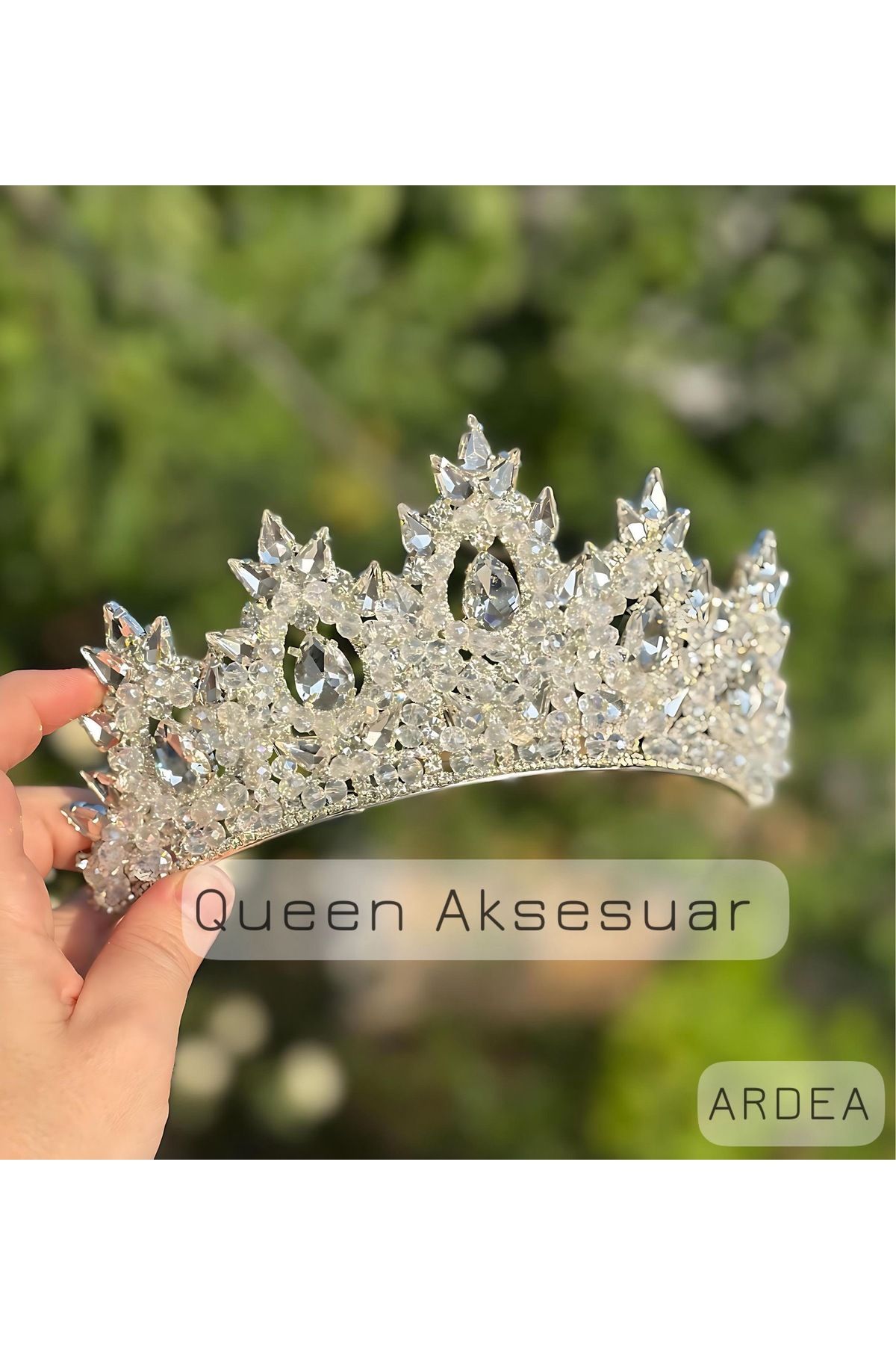 QUEEN AKSESUAR Ardea elmas beyaz kristal taşlı lüks tasarım nişan gelin tacı metal taç yüksek otantik motifli