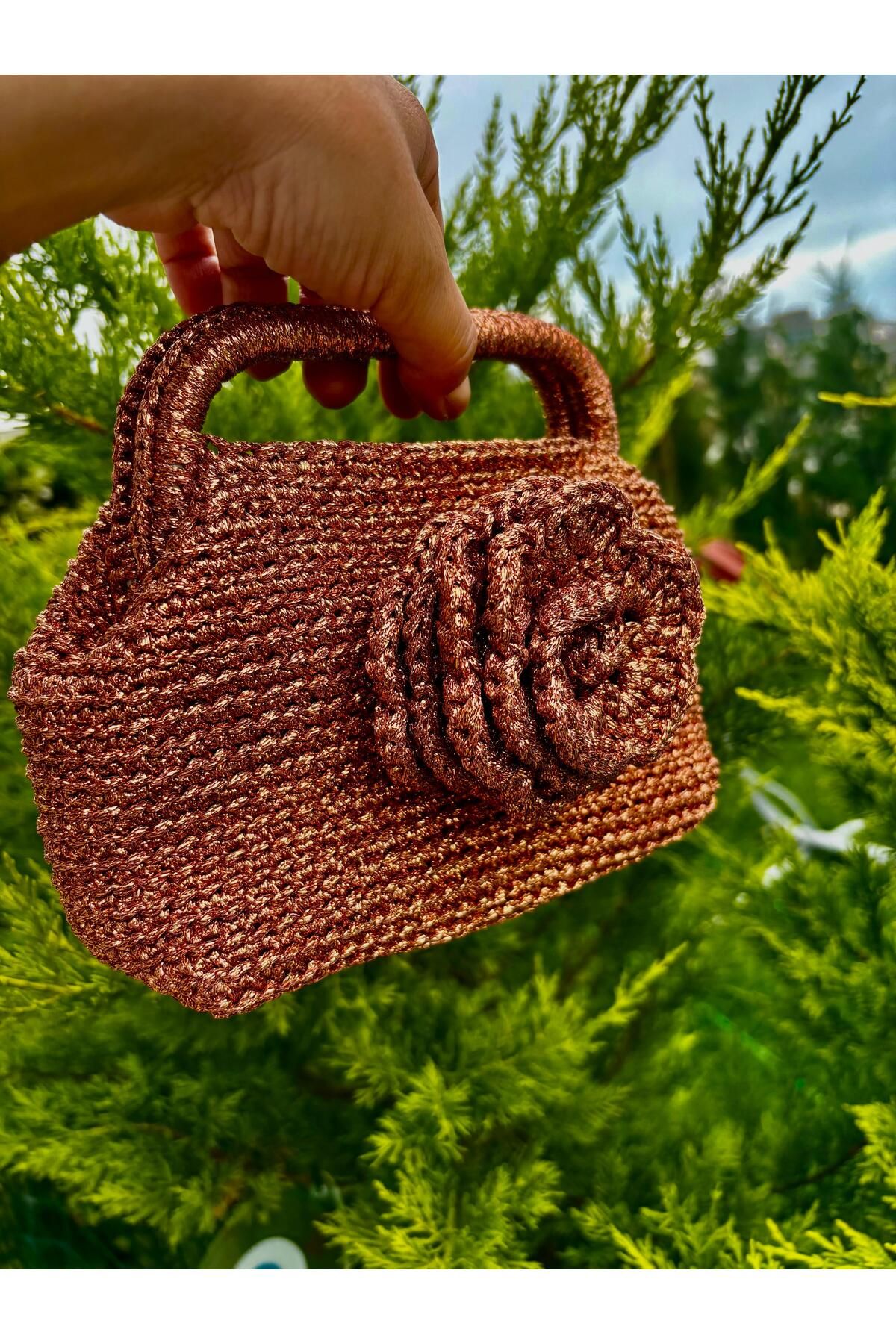 UNİCORNS Bakır Renk Clutch, Simli Burslu Clutch, Saplı Clutch, Kroşe Gül Detaylı Saplı Clutch Çanta