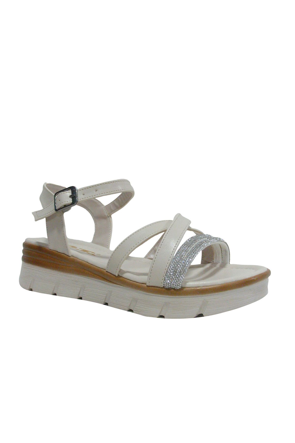 PUNTO Bej Krem Kahverengi Pırlanta Taşlı Tokalı Anatomik Comfort Sandalet