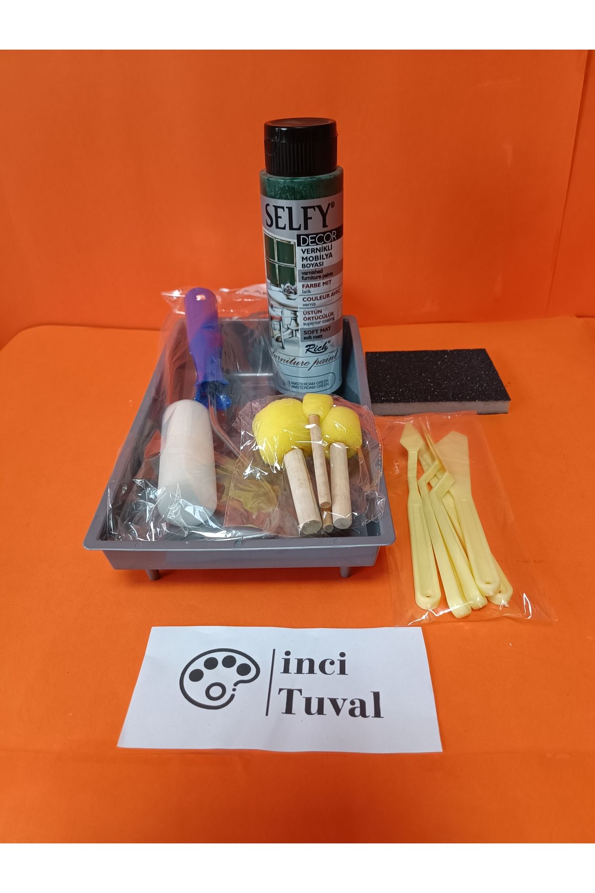 İNCİ TUVAL Mobilya Set Ahşap Boyama Selfy Decor Amsterdam Green 500cc Boya Kendinden Vernik Ponpon Rulo Spatula