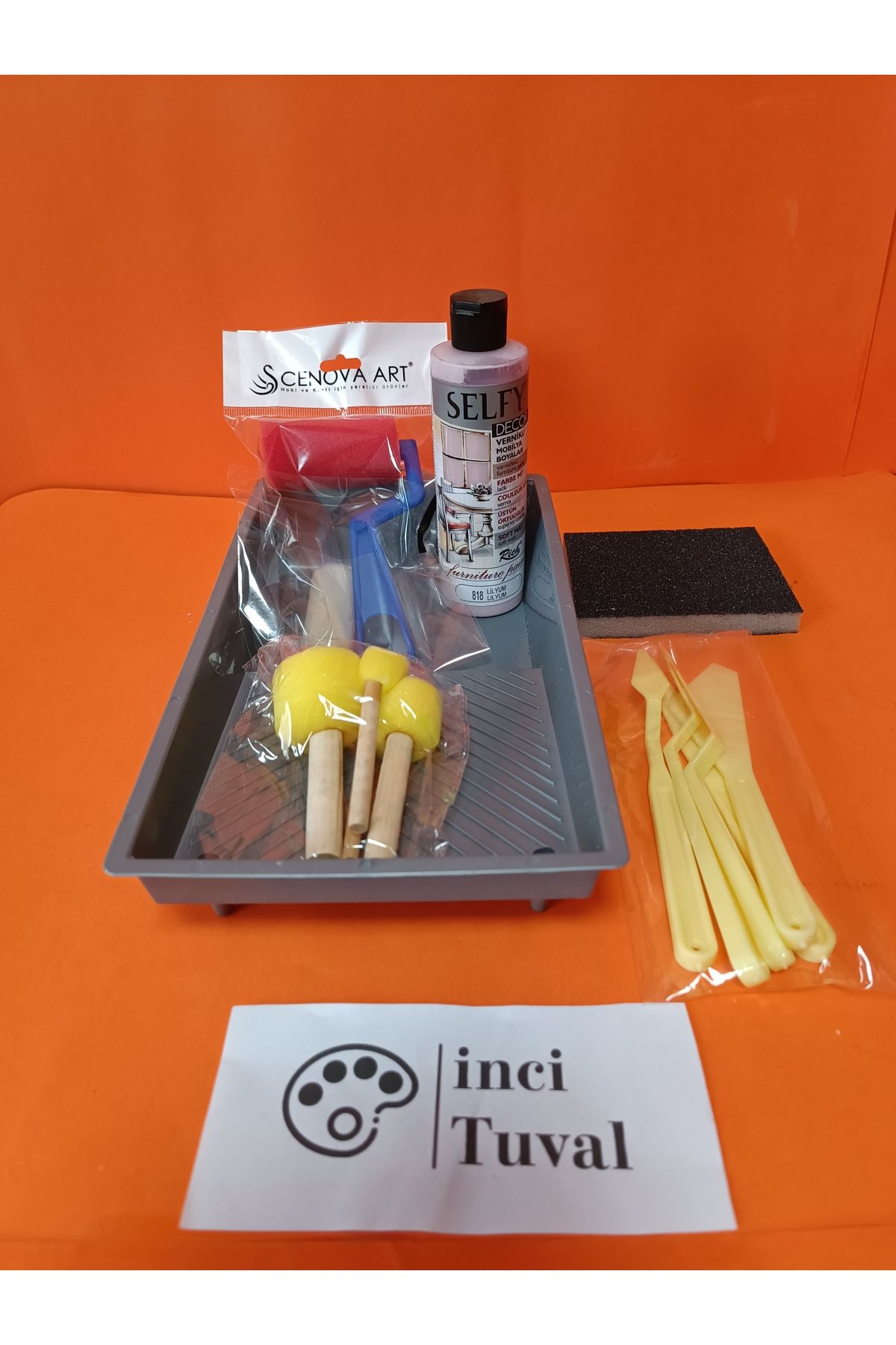 İNCİ TUVAL Mobilya Set Ahşap Boyama Selfy Decor Lilyum 240cc Boya Kendinden Vernik Ponpon Çift Rulo
