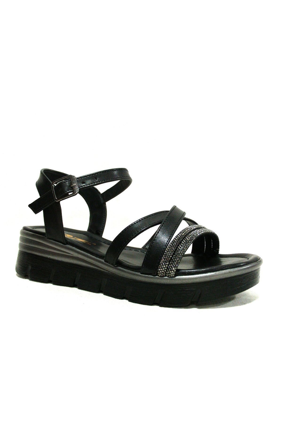 PUNTO Siyah Platin Pırlanta Taşlı Tokalı Anatomik Comfort Sandalet