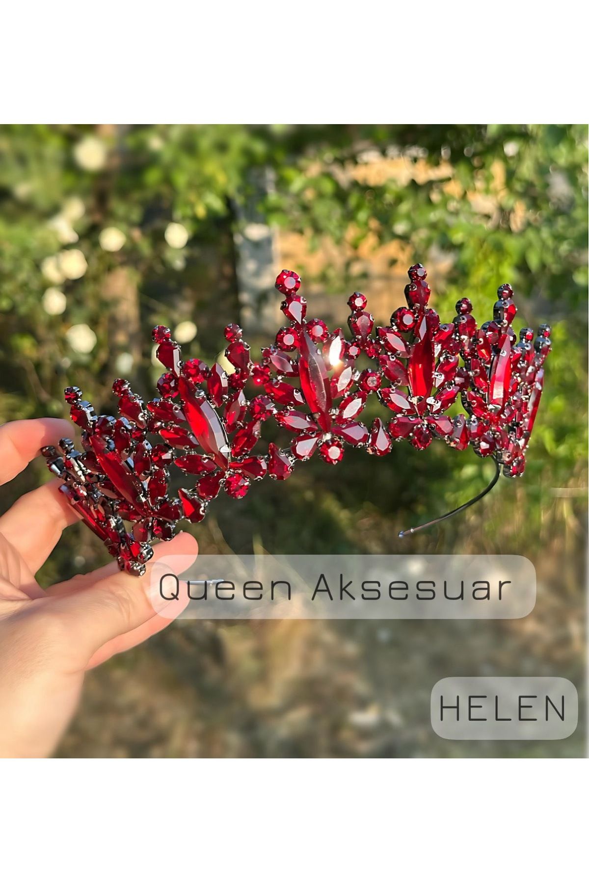 QUEEN AKSESUAR Helen granat bordo kırmızı kristal taşlı lüks tasarım nişan gelin tacı metal taç otantik motifli