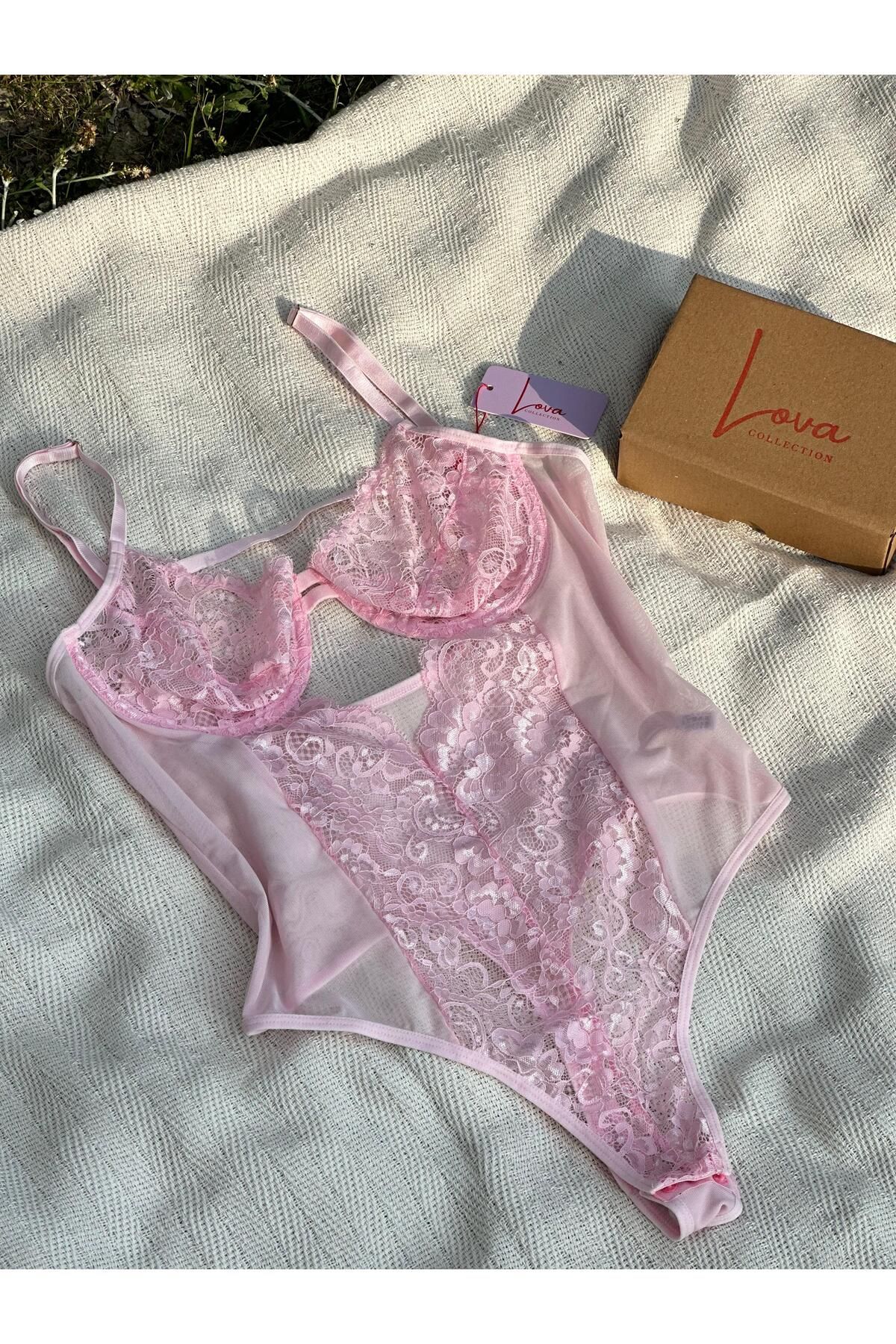 Lova Collection Lena Pembe Dantelli Transparan Bodysuit