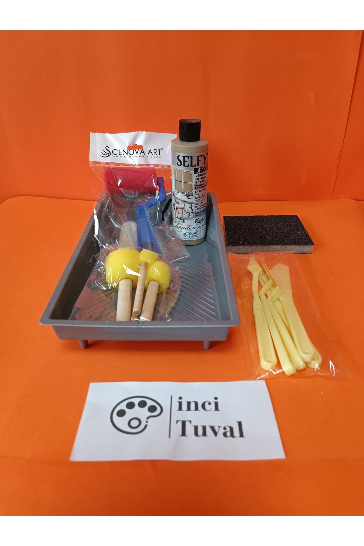 İNCİ TUVAL Mobilya Set Ahşap Boyama Selfy Decor Bambu 240cc Boya Kendinden Vernik Ponpon Çift Rulo