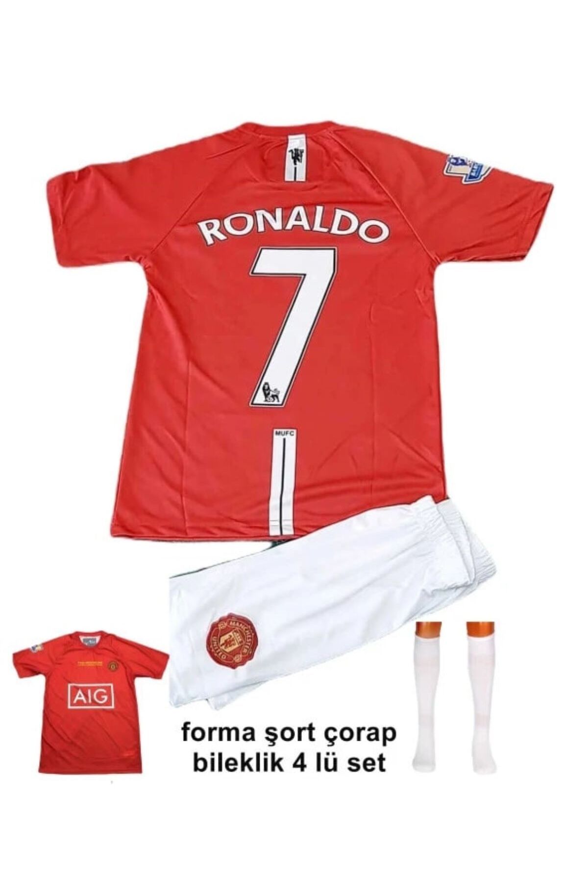 yenteks Cristiano Ronaldo Mabchester.Unıted Moscow 2008 Kırmızı Çocuk Forması 4lü Set Çorap+Biliklik Hediye