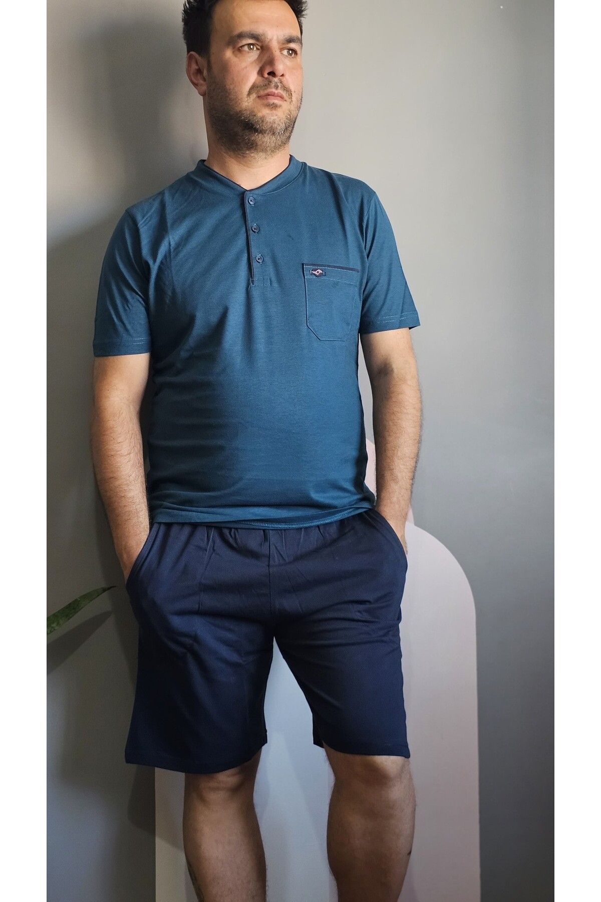 Butik Erkek Düğmeli Yaka Petrol Yeşili Cepli Şort Takım % 100 Pamuk