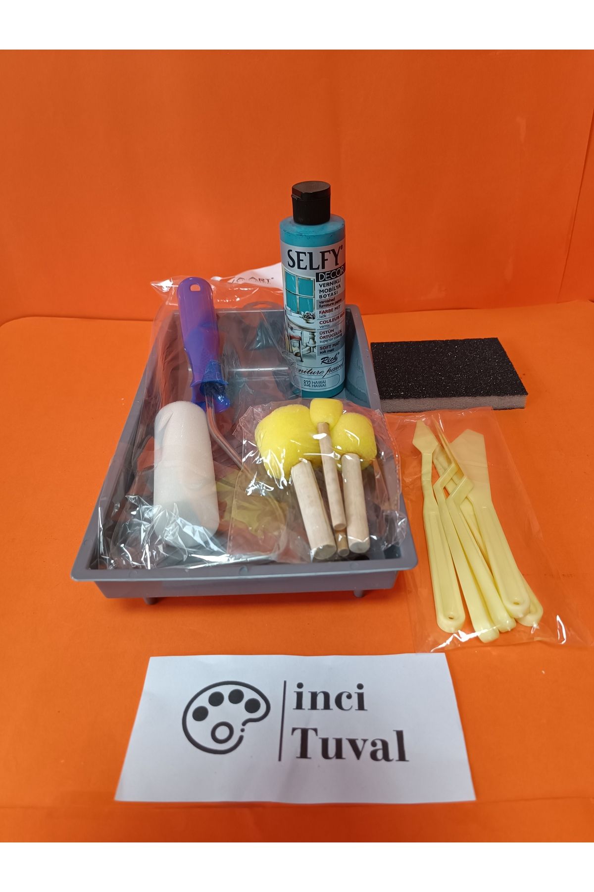 İNCİ TUVAL Mobilya Set Ahşap Boyama Selfy Decor Hawaii 240cc Boya Kendinden Vernik Ponpon Rulo Spatula