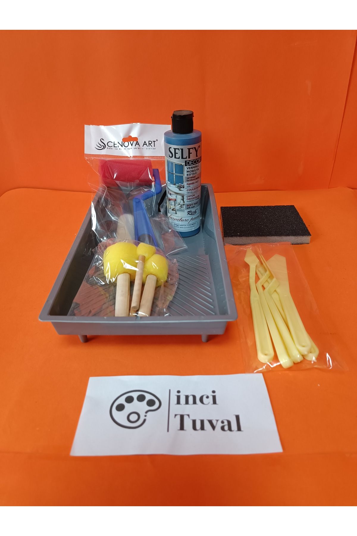 İNCİ TUVAL Mobilya Boyama Set Ahşap Selfy Decor Napolyon Mavi 240cc Boya Kendinden Vernik Ponpon Çift Rulo