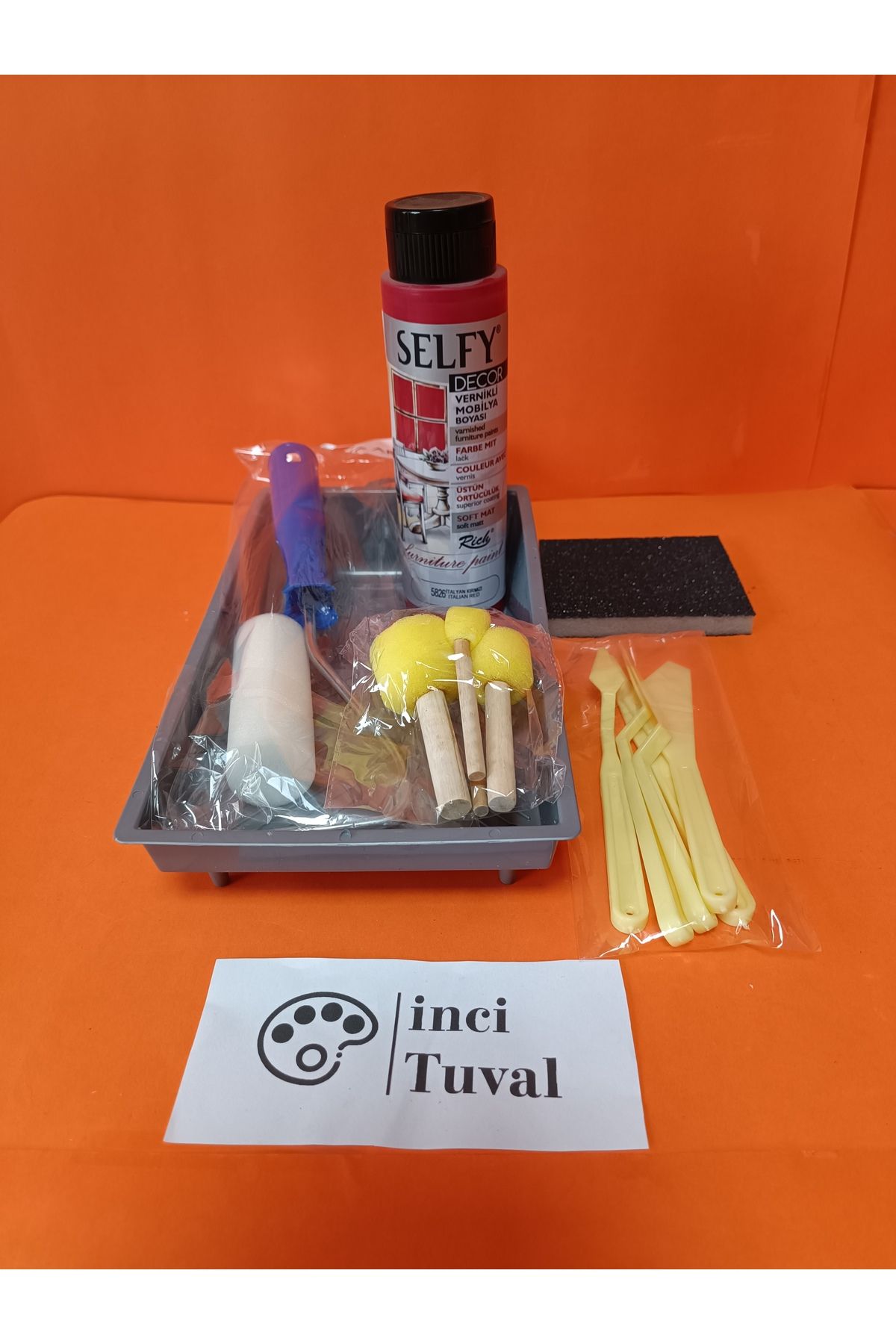 İNCİ TUVAL Mobilya Set Ahşap Boyama Selfy Decor İtalyan Kırmızı 500cc Boya Kendinden Vernik Ponpon Rulo Spatula
