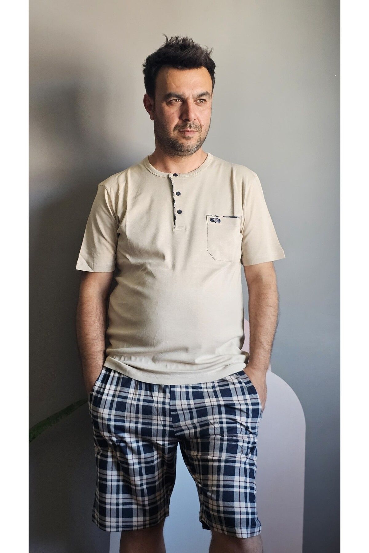 Butik Erkek Kısa Kol Düğmeli Cepli Takım %100 Pamuk