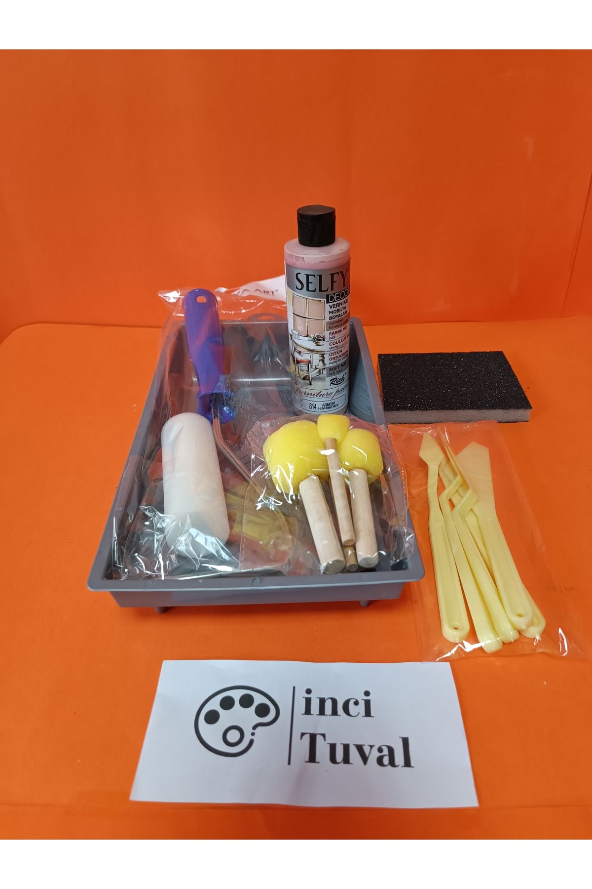 İNCİ TUVAL Mobilya Set Ahşap Boyama Selfy Decor Armoni 240cc Boya Kendinden Vernik Ponpon Rulo Spatula