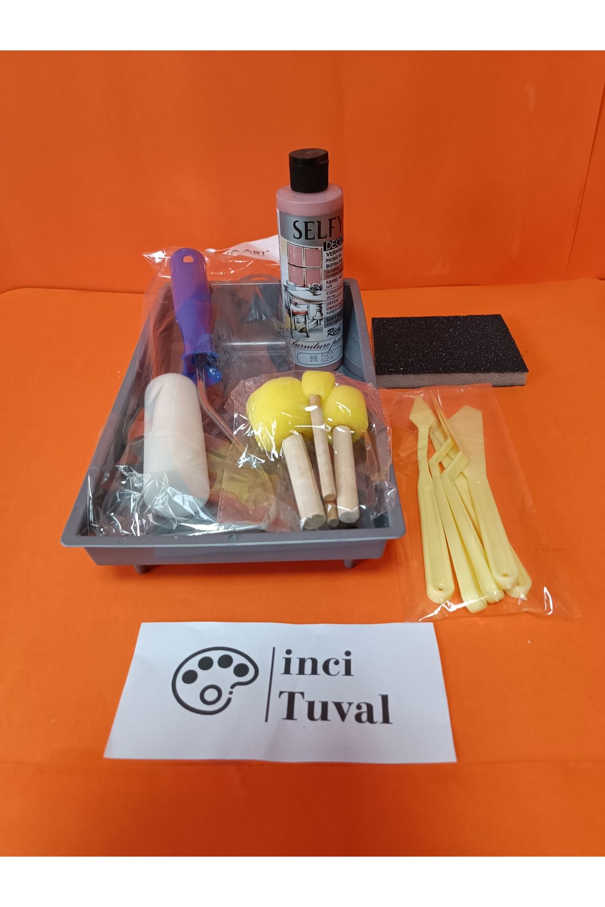 İNCİ TUVAL Mobilya Set Ahşap Boyama Selfy Decor Elizya 240cc Boya Kendinden Vernik Ponpon Rulo Spatula