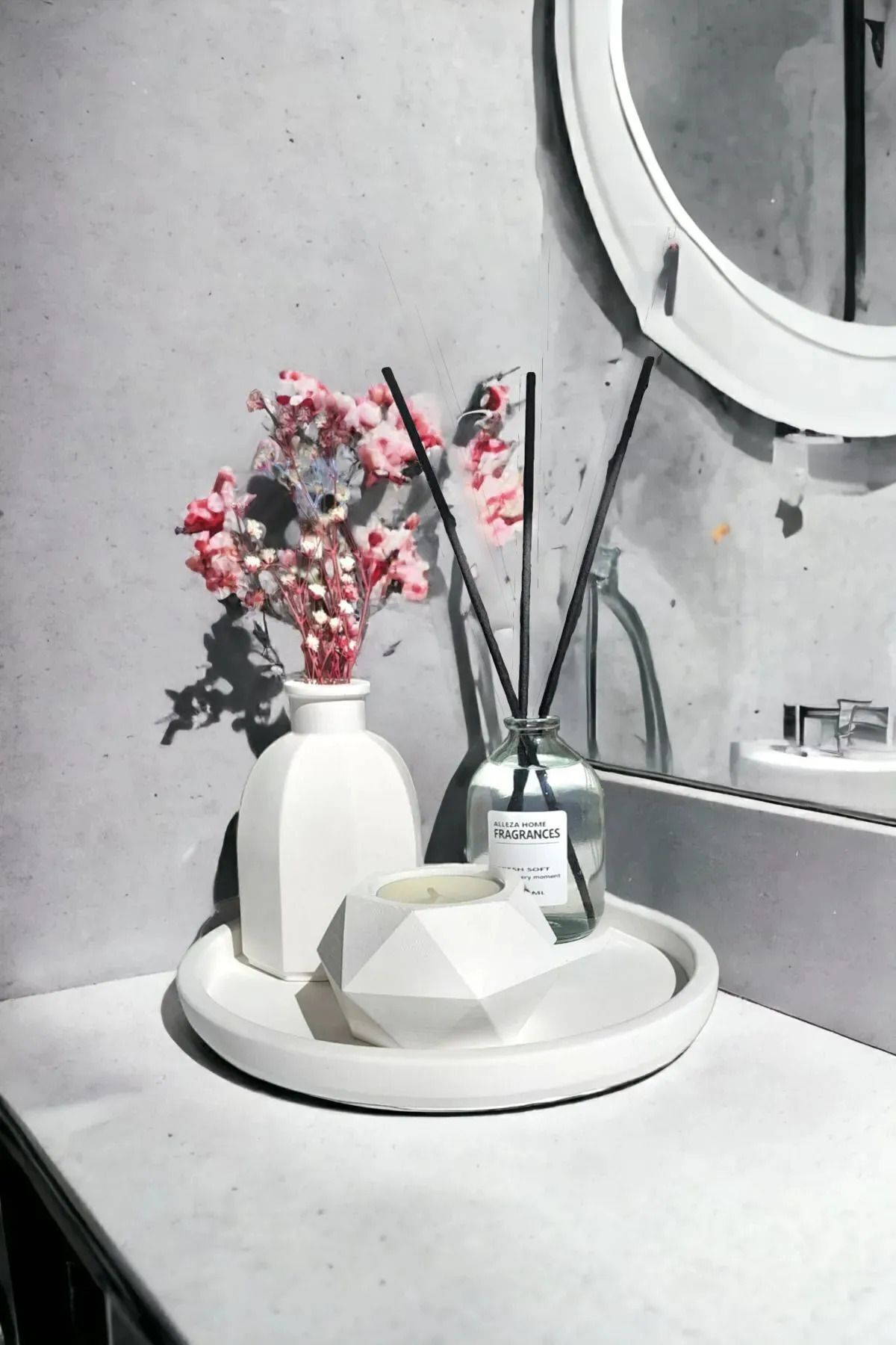 ALLEZA HOME Dekoratif Geometrik Mumluk İskandinav Tarz Vazo Fresh Soft Oda Kokulu Set