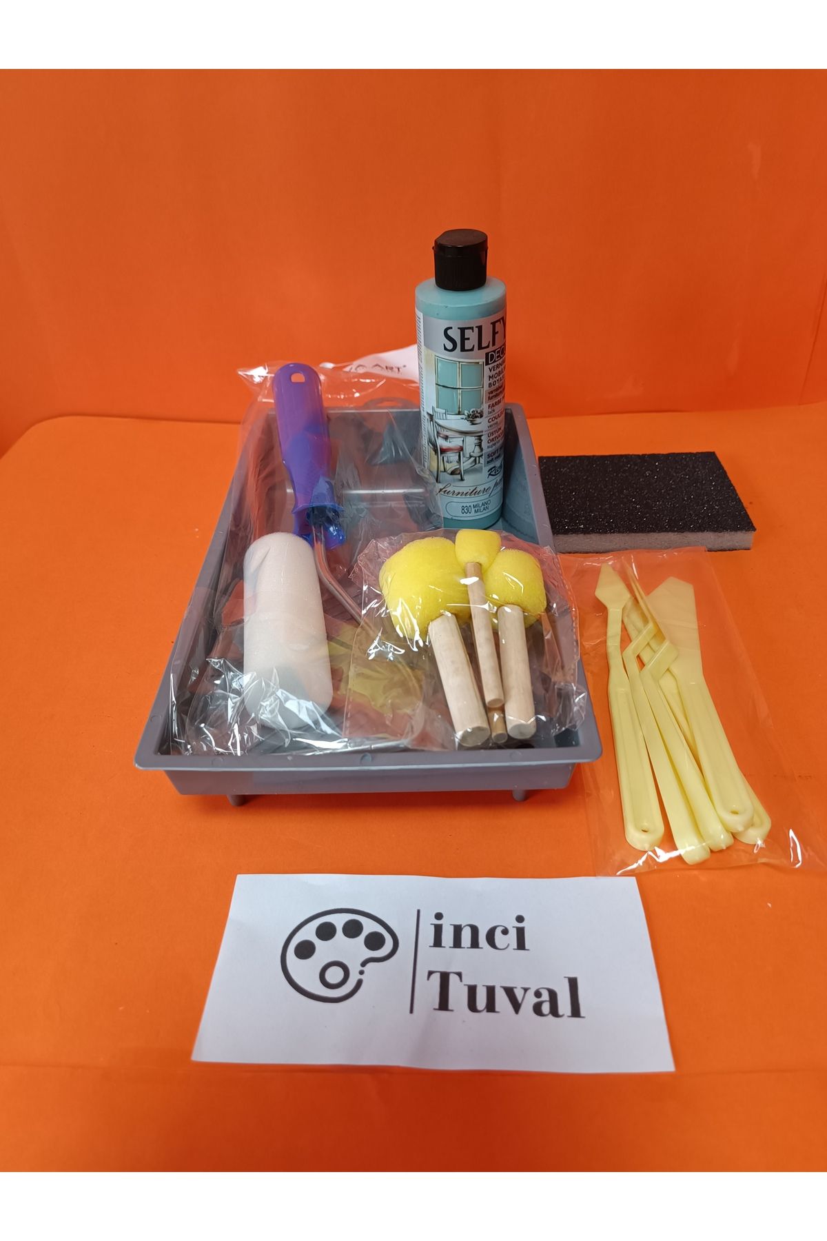 İNCİ TUVAL Mobilya Set Ahşap Boyama Selfy Decor Milano 240cc Boya Kendinden Vernik Ponpon Rulo Spatula