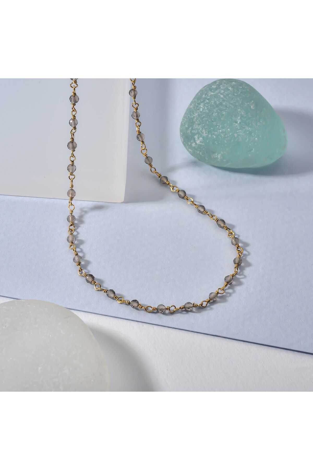 Nox Jewelry 14 Ayar Altın Kaplama Zarif Dumanlı Kuvars Ham Değerli Taş Gümüş Gerdanlık - CNS00636