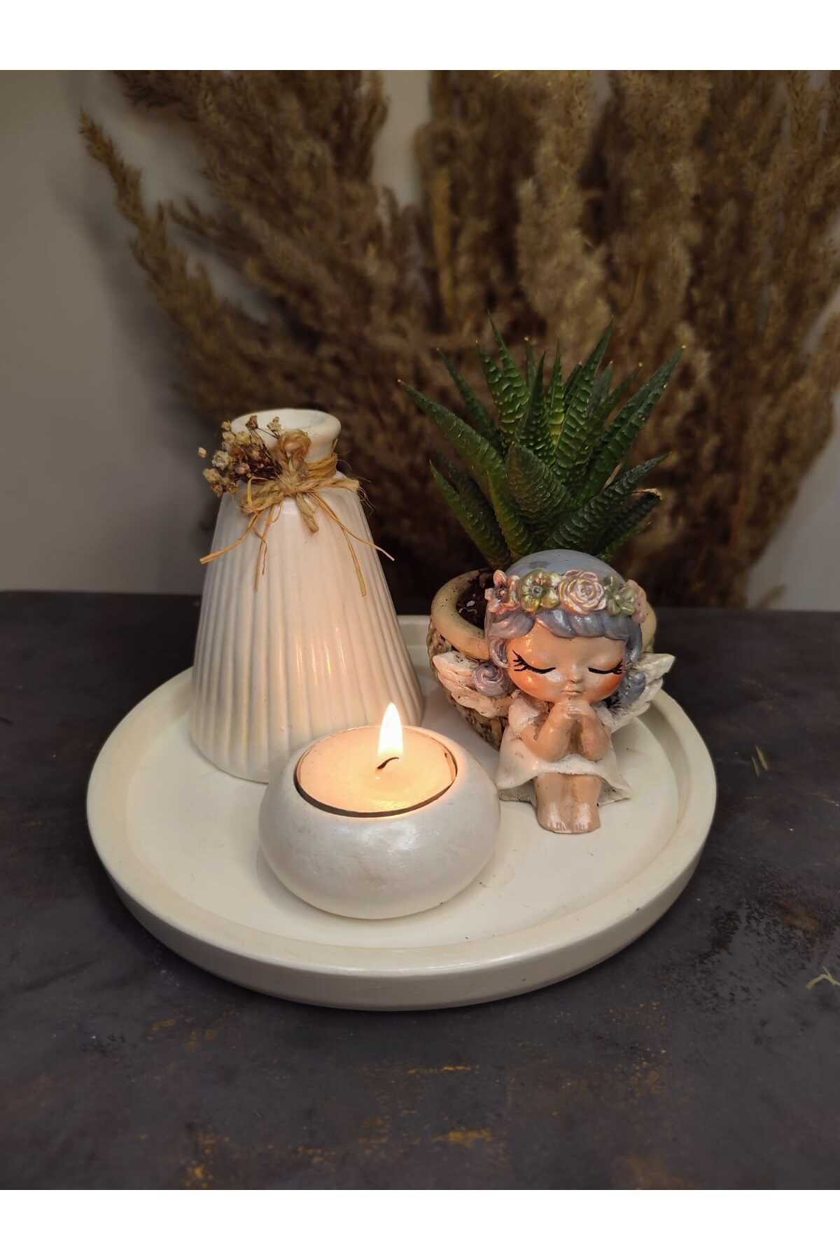 SerenityHaven Melek Mumluklu Vazo Tabak Takımı Model 1