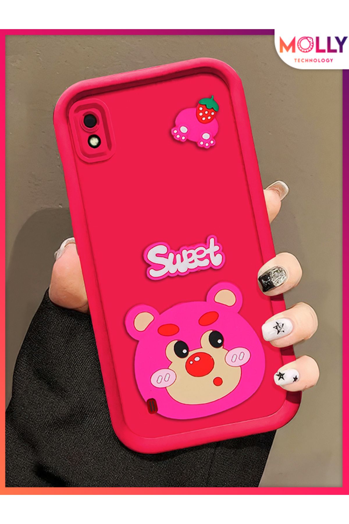 Molly Samsung Galaxy A10 İçin Magenta Kenarları Kalın 3d Kabartmalı Çilek Ayı Silikon Kılıf