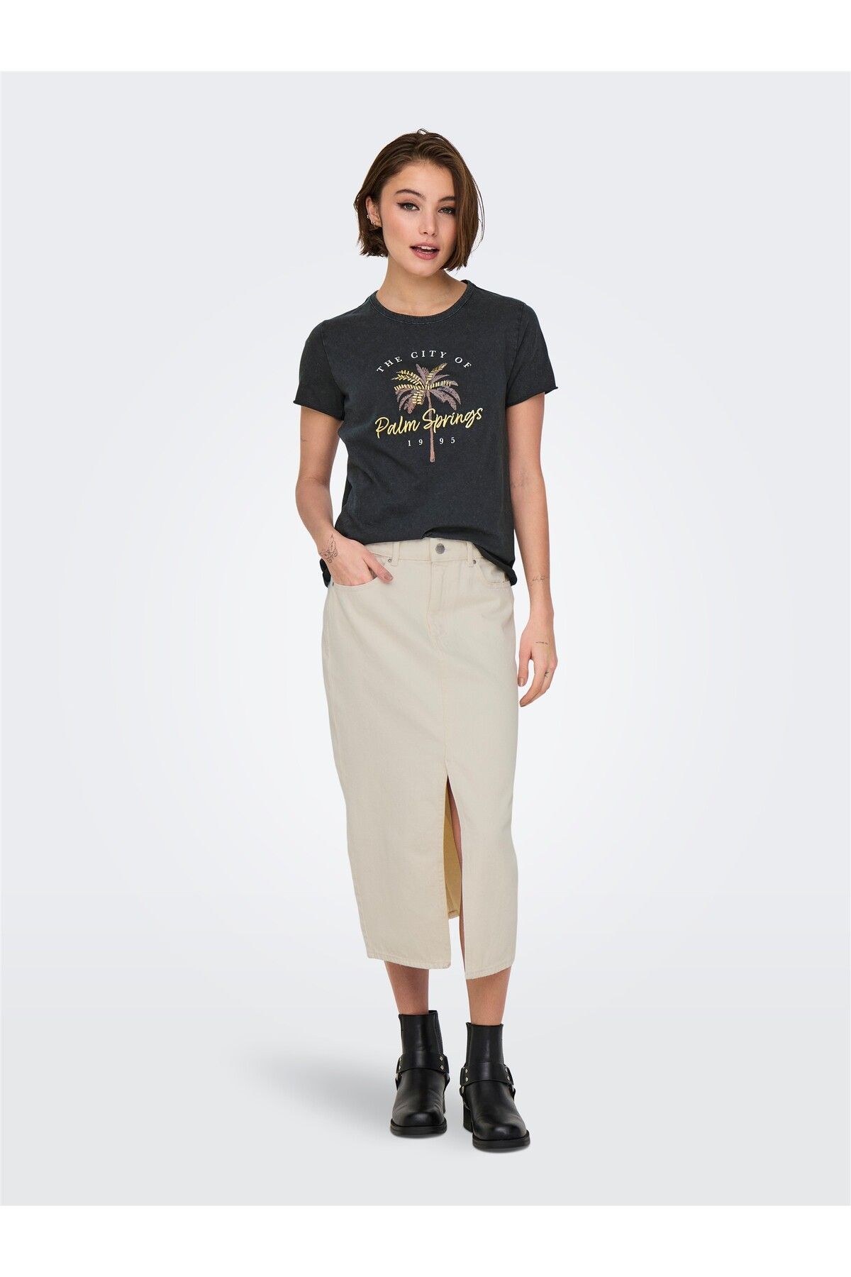 ONLY ONLBIANCA MIDI SKIRT DNM REA NOOS Kadın Bej Etek - 15319268