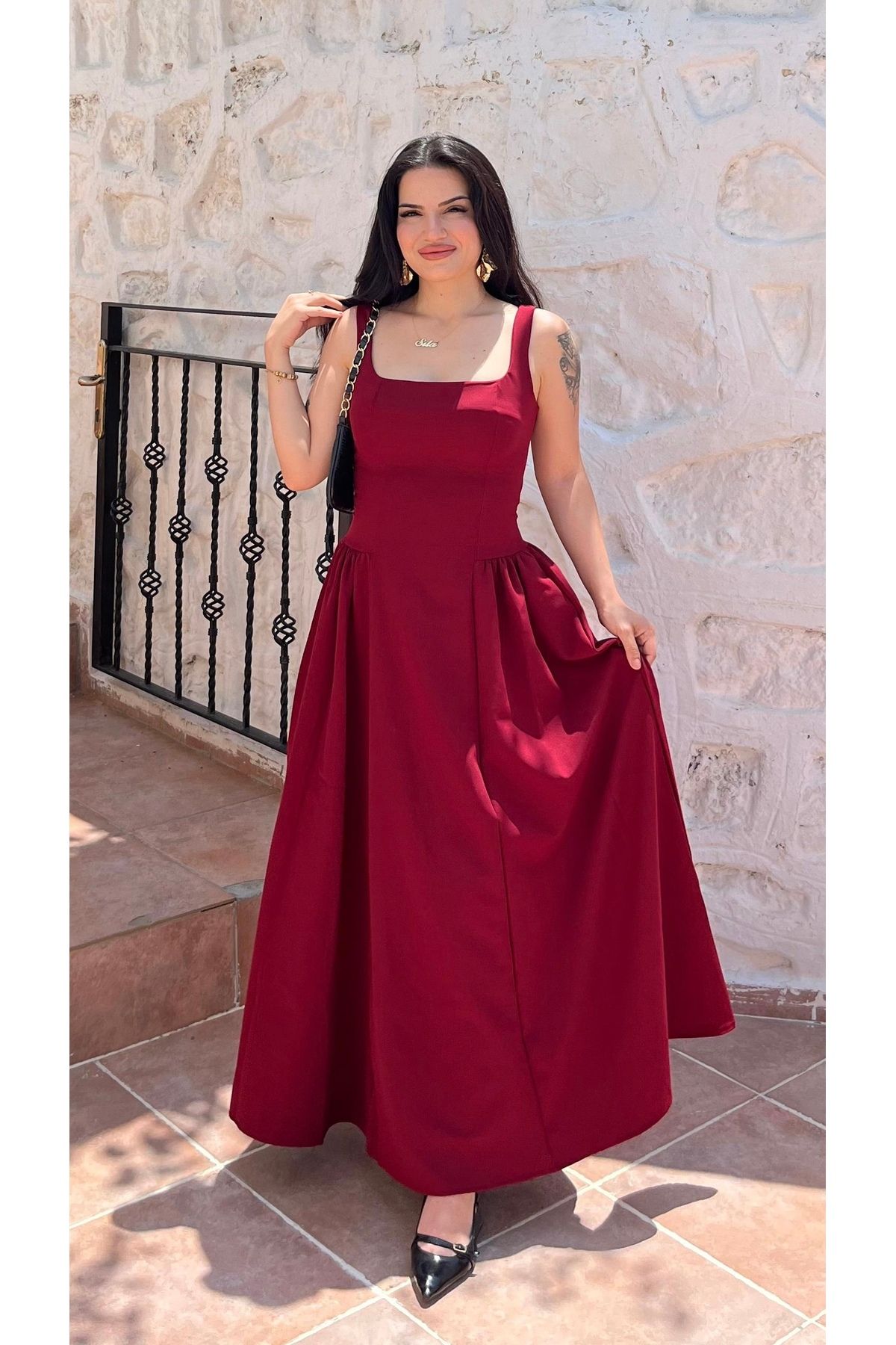 Butik BORDO KARE YAKA ELBİSE