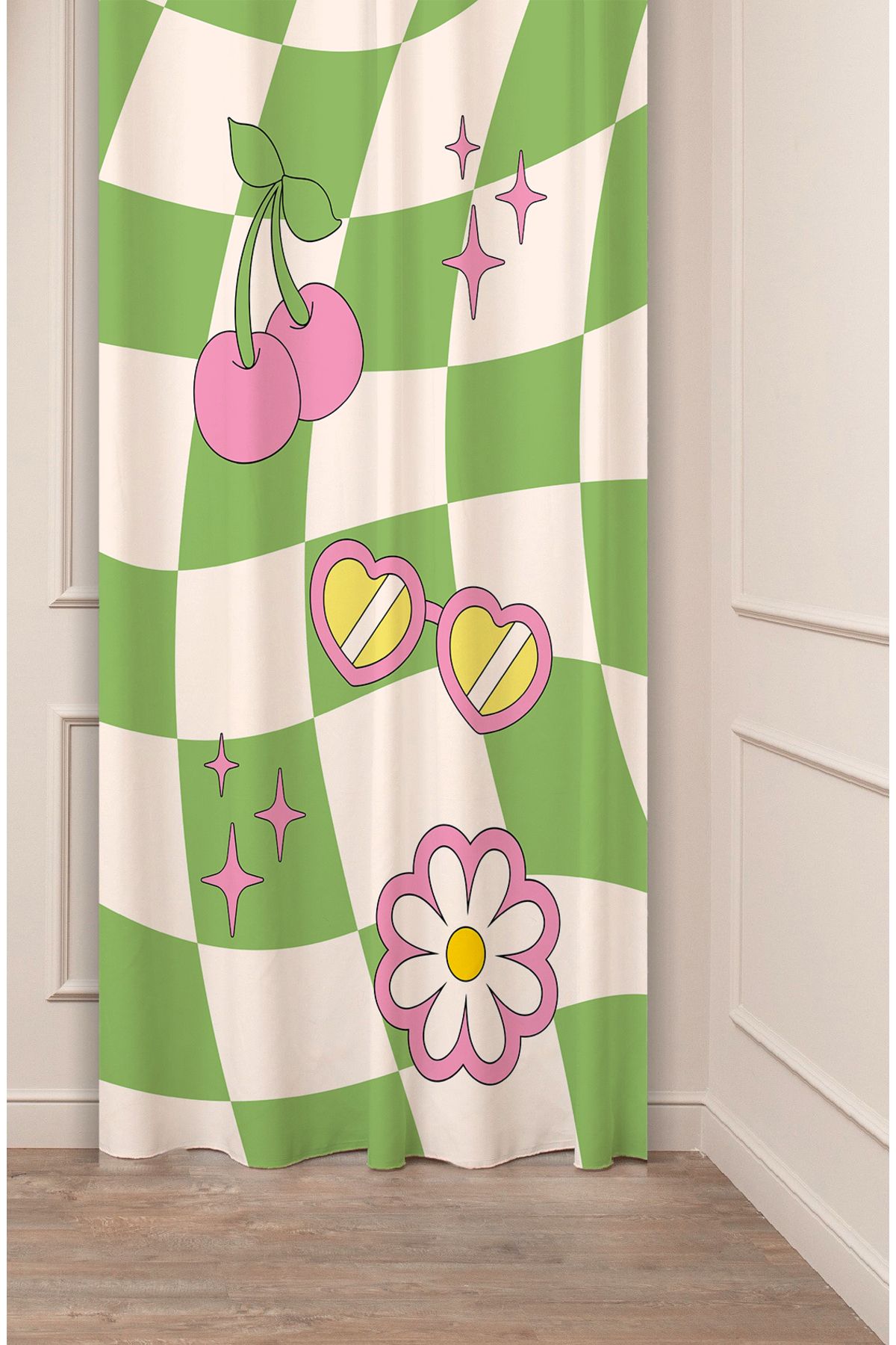 GREENDECOR Pembe Yeşil Vişne Kiraz Aşk Papatya Hippi Desenli Özel Tasarım Dijital Baskılı (Tek Kanat) Fon Perde