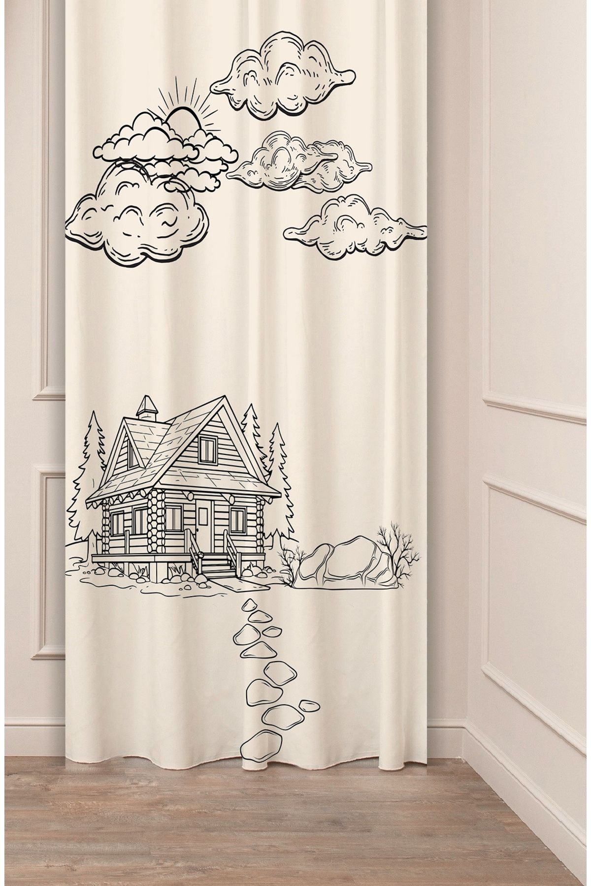 GREENDECOR Ev Ağaç Doğa Aşk Bohem Bej Krem Desenli Özel Tasarım Dijital Baskılı (Tek Kanat) Modern Fon Perde