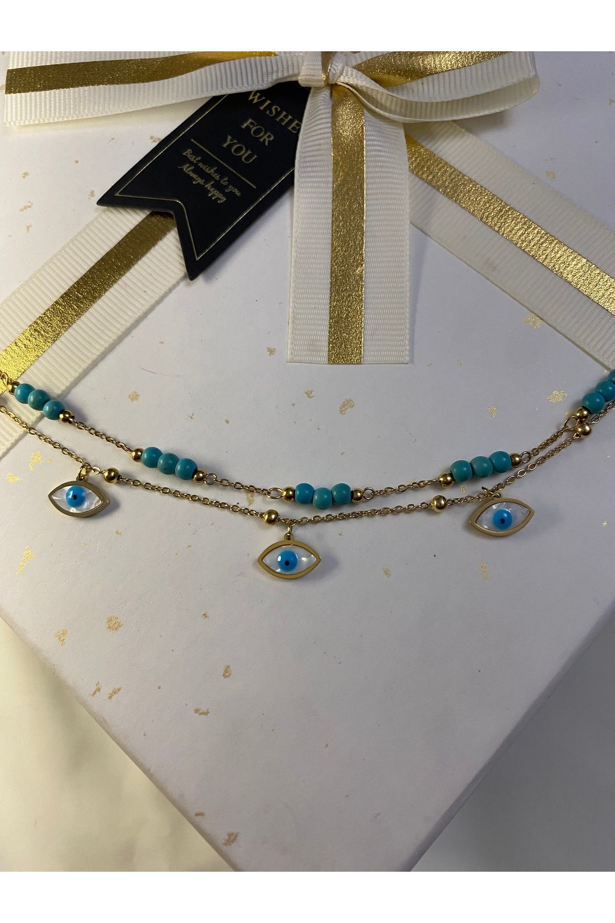 asem jewelry NAZAR VE FİRUZE BONCUKLU İKİLİ ZİNCİR ÇELİK HALHAL