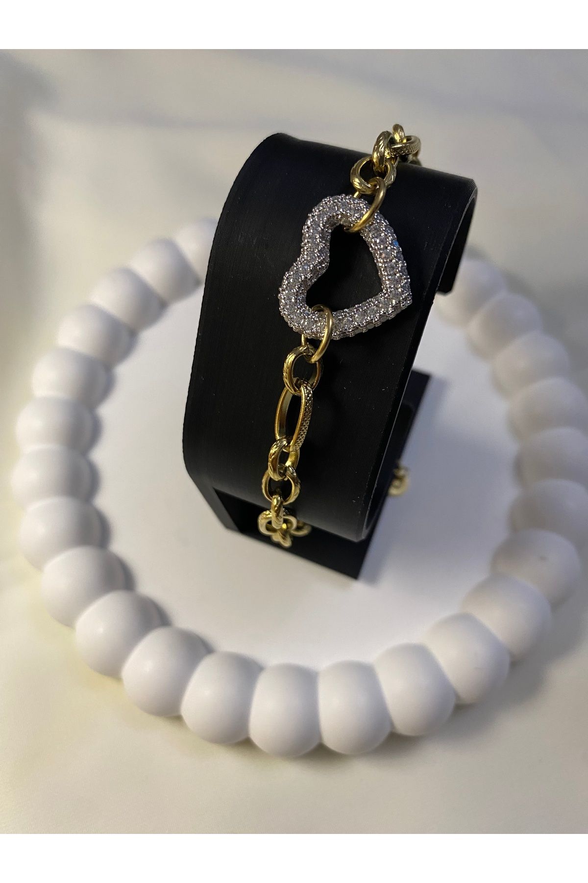 asem jewelry ZİRKON TAŞ KALP DETAYLI ÇELİK ZİNCİR BİLEKLİK
