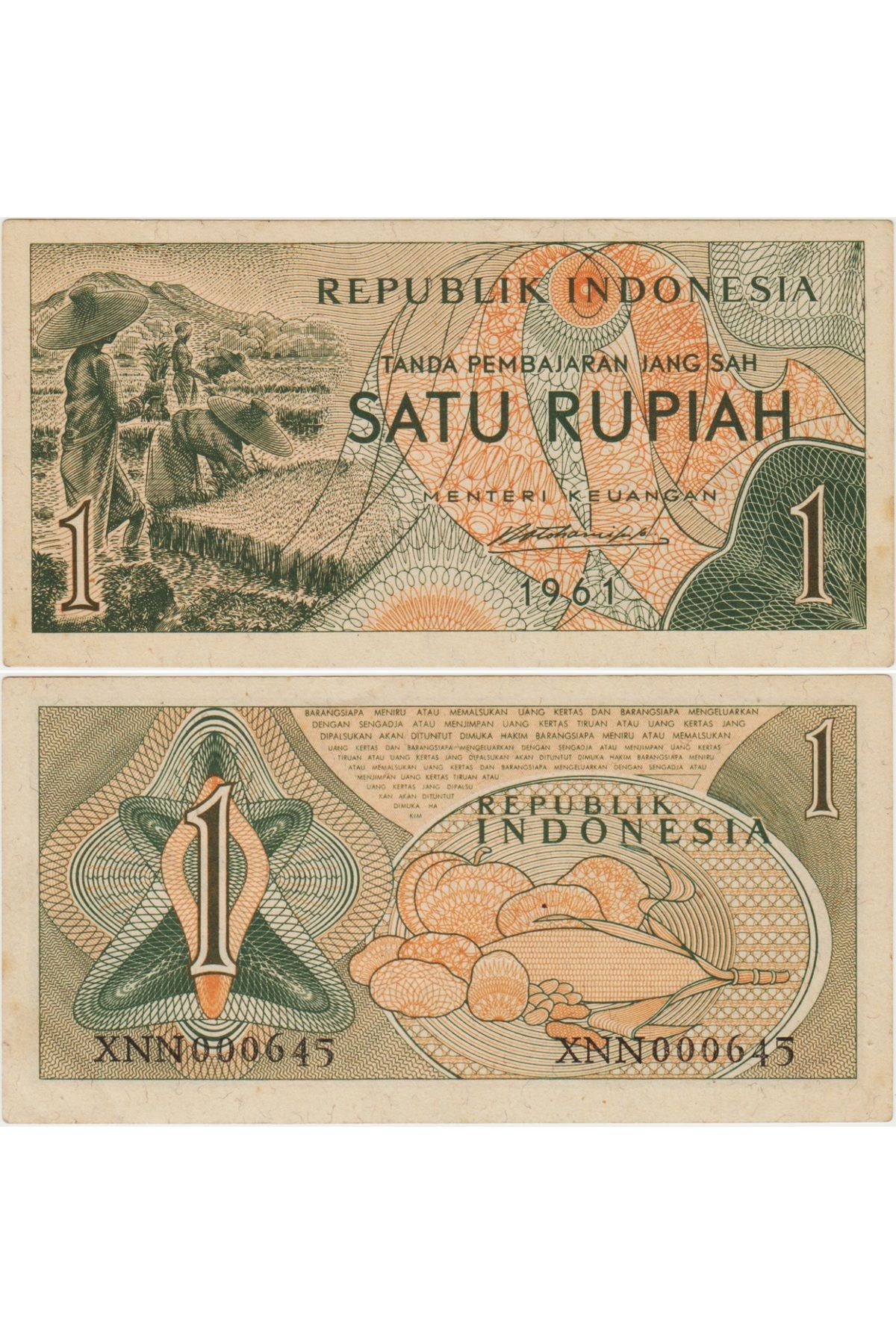 Banknoting ENDONEZYA 1 RUPİAH 1961 REPLACEMENT XNN SERİ. ÇİLALTI++ KONDİSYON.