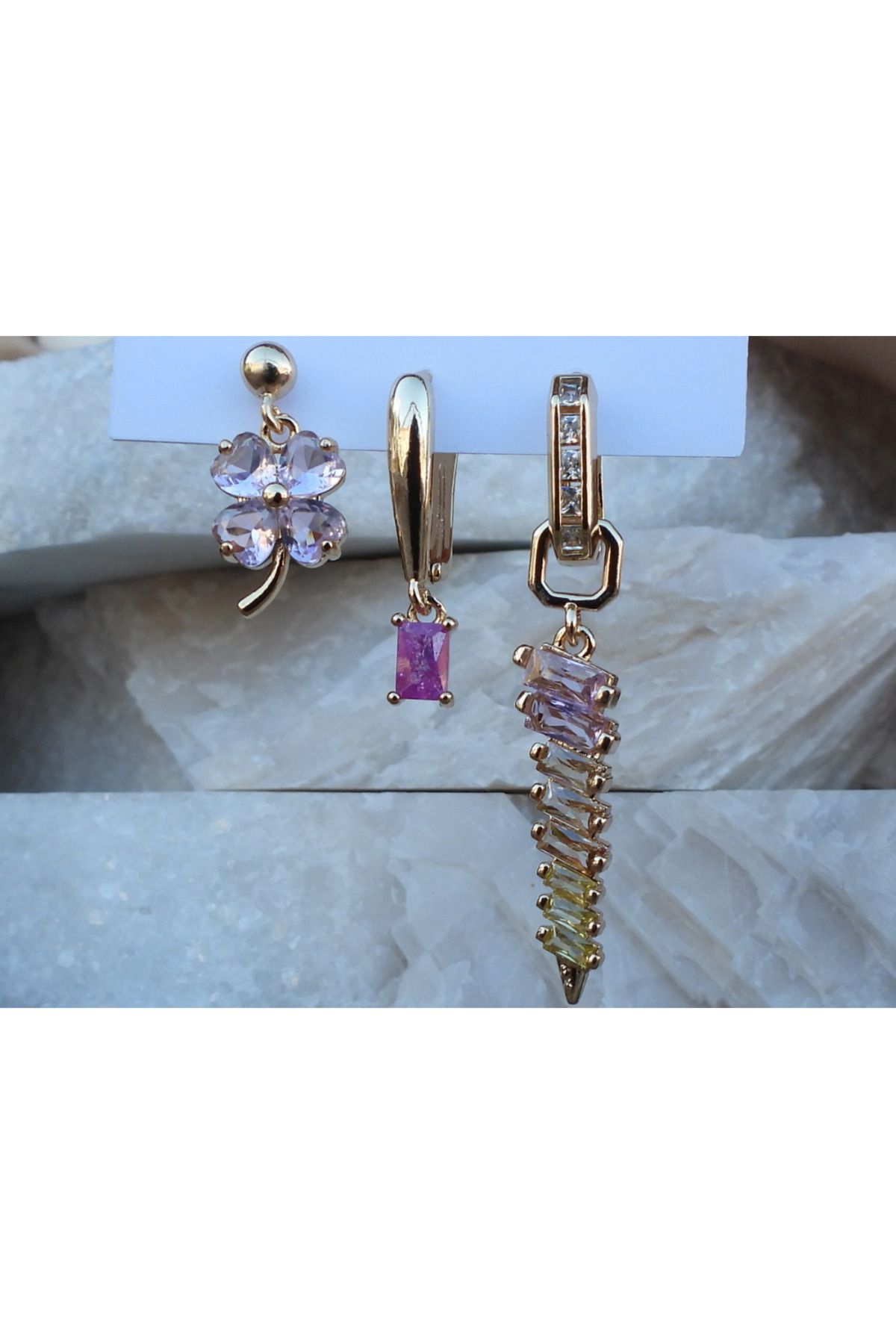 NFS BUTİK Renkli Baget & Zirkon Taş 3 lü Set Çelik Küpe Pembe-Lila