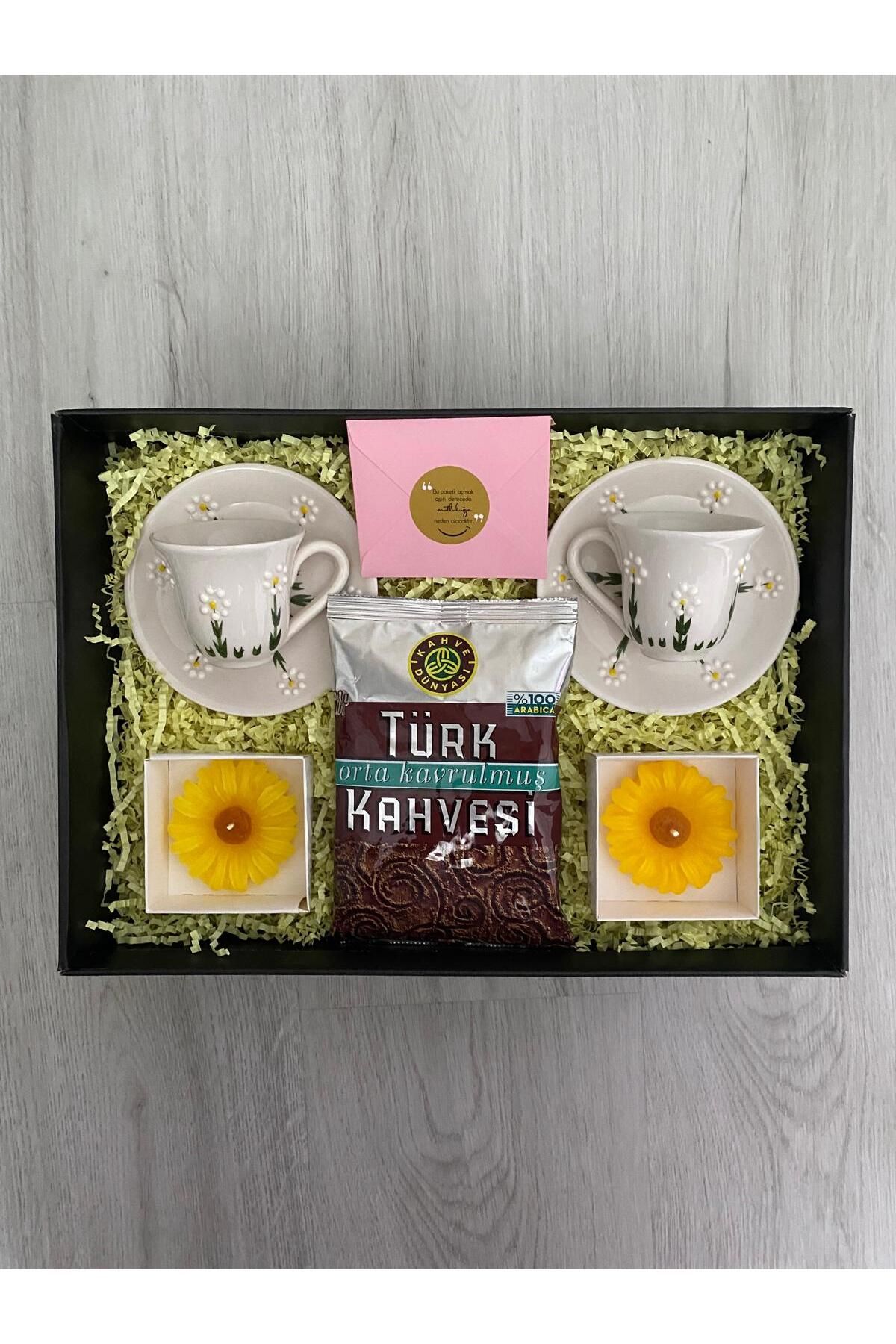 hediport 2 Adet Yeşil Papatya Fincan Bardak - 2 Adet Fincan Bardağı - 2 Adet Papatya Mum - Kahve - Notunuz