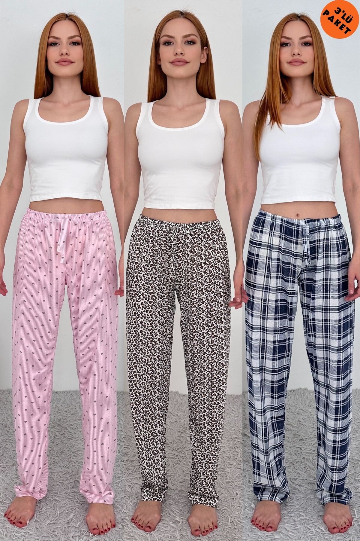 Oyga 3'lü Kadın Süprem Nefes Alan Kumaş Baskılı Cepsiz Rahat Ev Giyim Pijama Altı