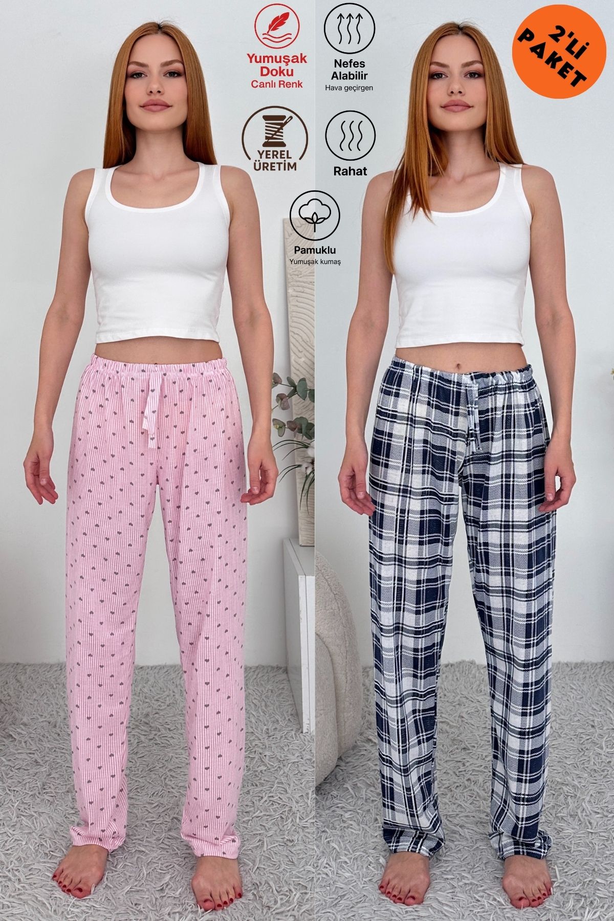 Oyga 2'li Kadın Süprem Nefes Alan Kumaş Baskılı Cepsiz Rahat Ev Giyim Pijama Altı