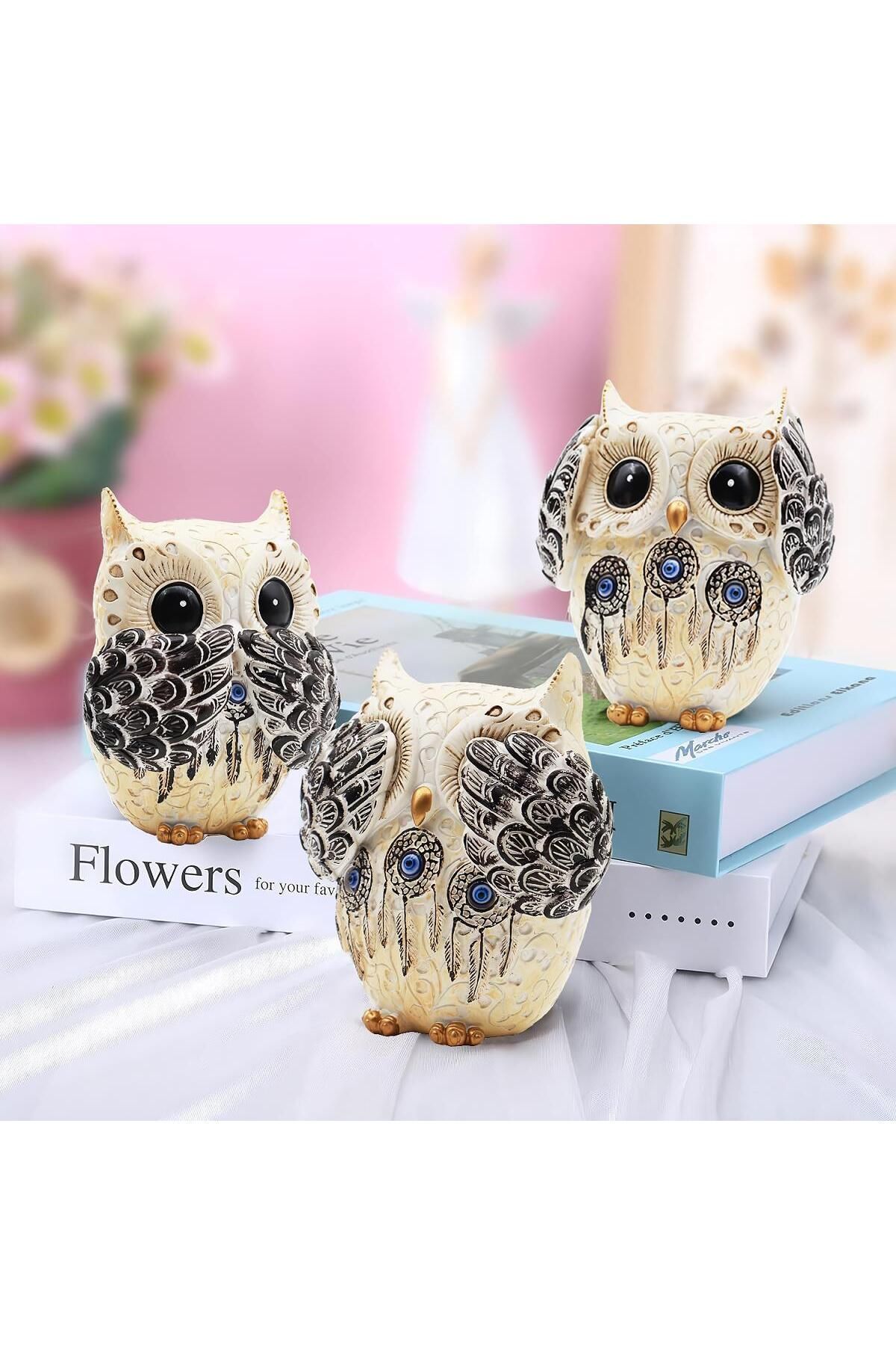 SerenityHaven Lüks Dream Catcher Düş Kapanı İşlemeli Görmedim Duymadım Bilmiyorum 3'lü Dekoratif Baykuş Biblo Set