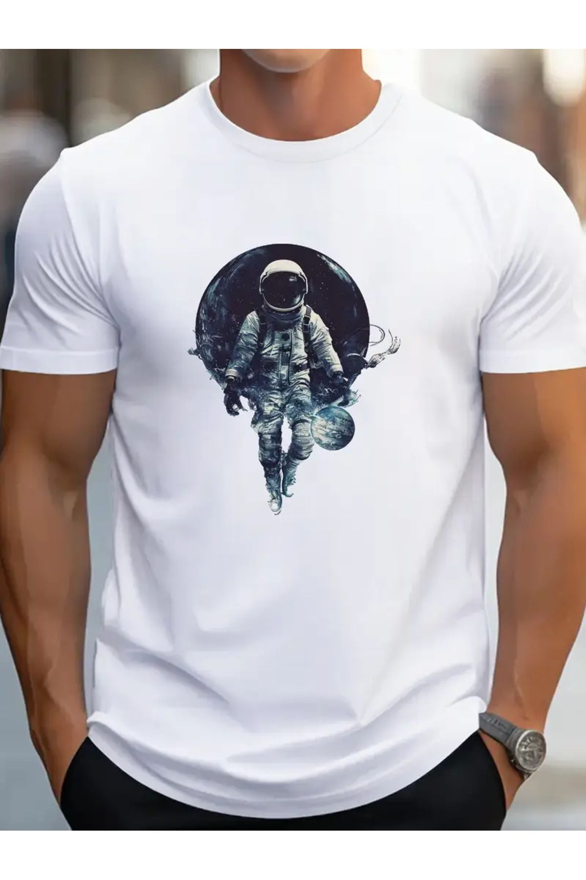 AEMİ Unisex Astronout Cosmonot Baskılı Oversize Bisiklet Yaka T-shirt
