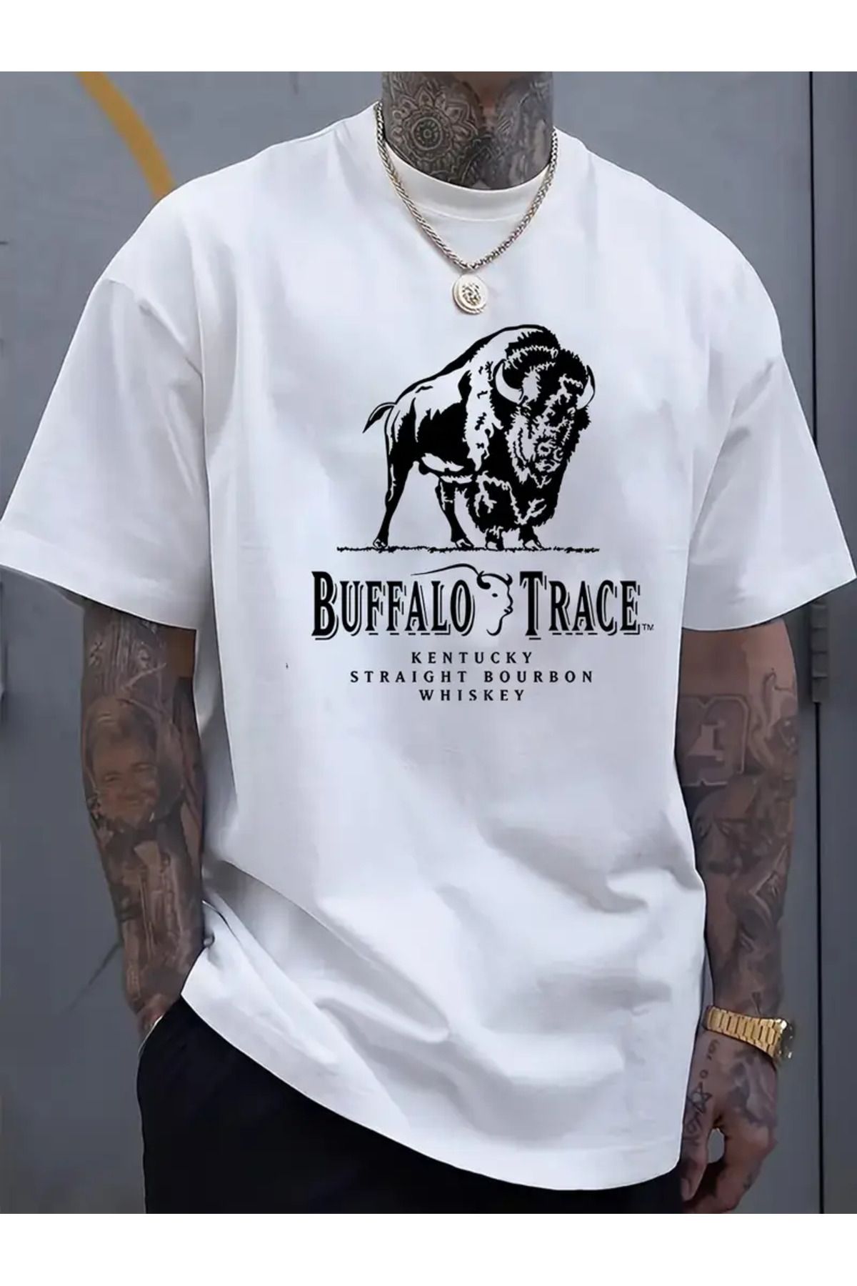 AEMİ Unisex Buffalo Trace Baskılı Oversize Bisiklet Yaka T-shirt