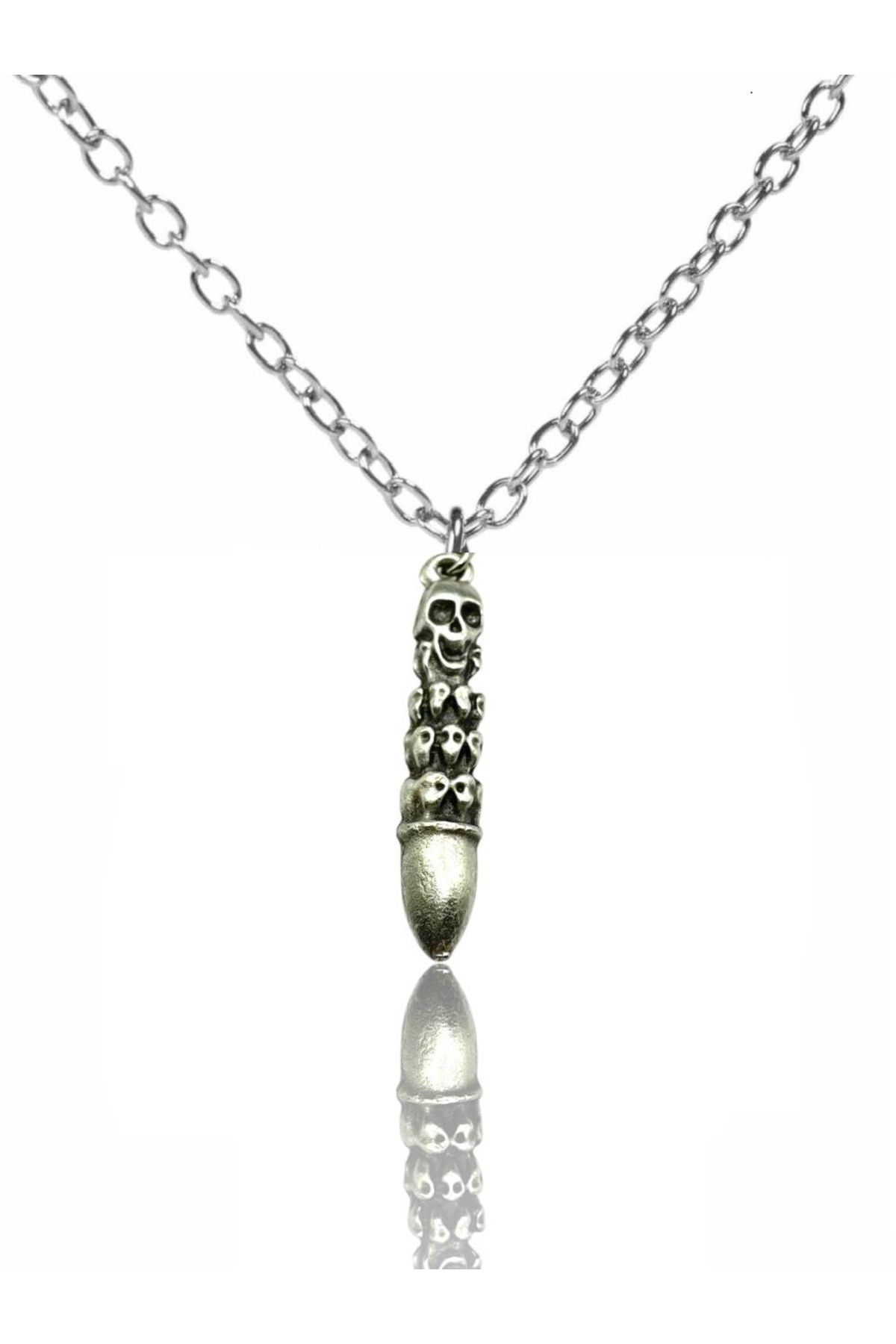 Herşey Nota Kurşun Şekilli Kurukafa Kolye – Zamak Kaplama Metal – 60 cm Zincirli