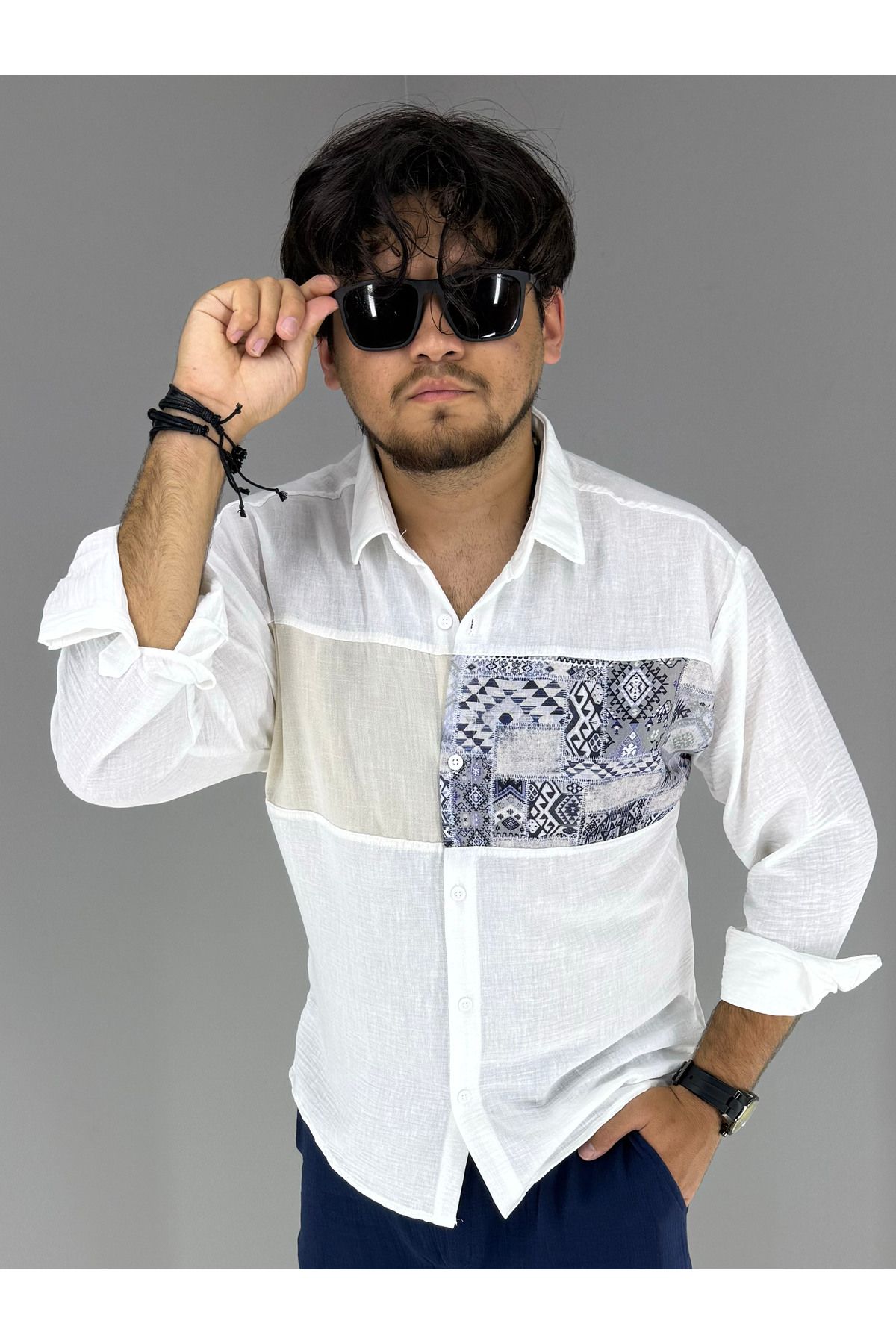 MARESHAL Oversize Garni Lacivert Kilim Detaylı Bohem Pamuk Keten Gömlek (Beyaz)